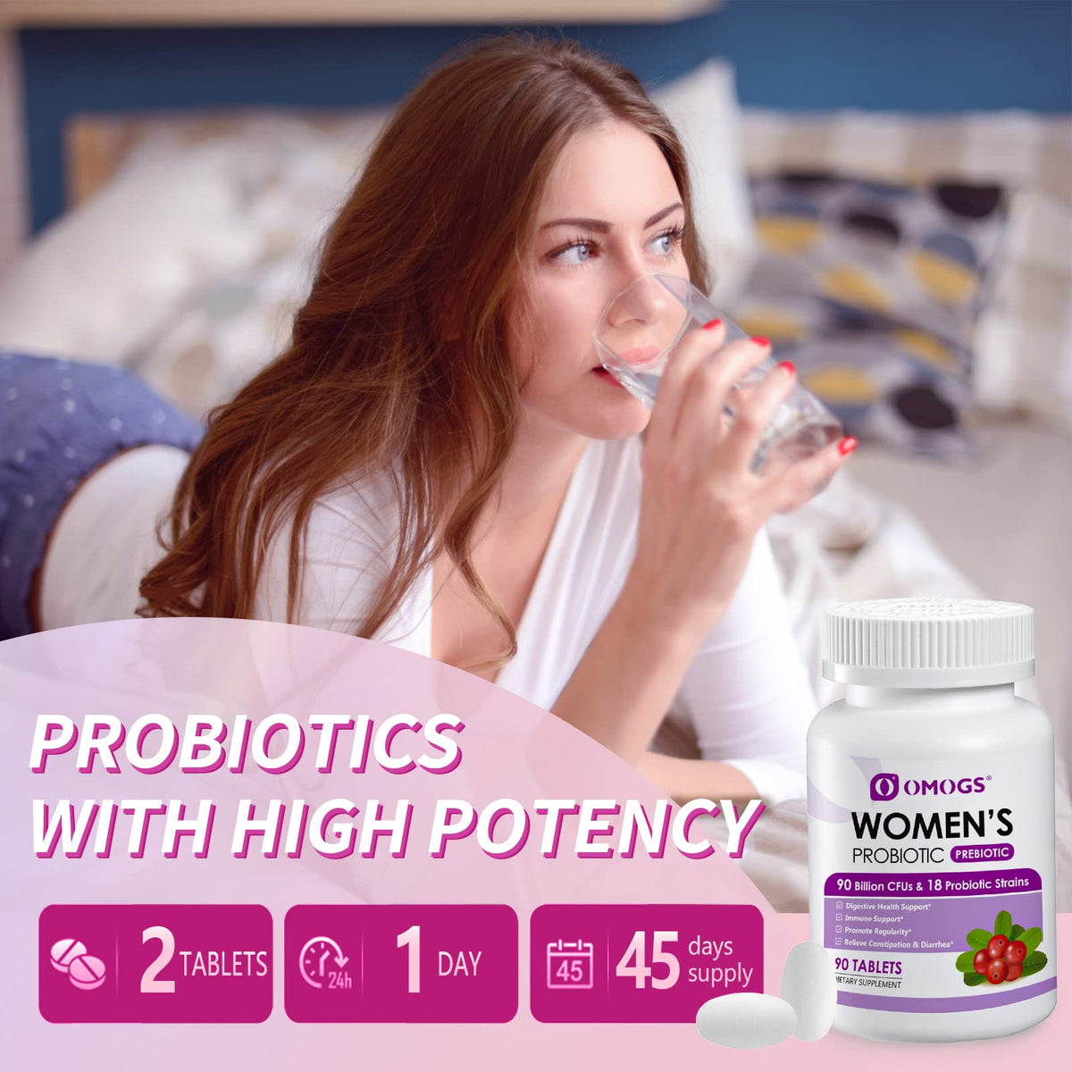 OMOGS Women's Probiotic, with Cranberry Extract, Organic Prebiotics & Vitamin C, 90 Billion CFUs,18 Strains, Help for Boost Immune, Digestive, Gut Health & Women's Health - FENGGESTORE20