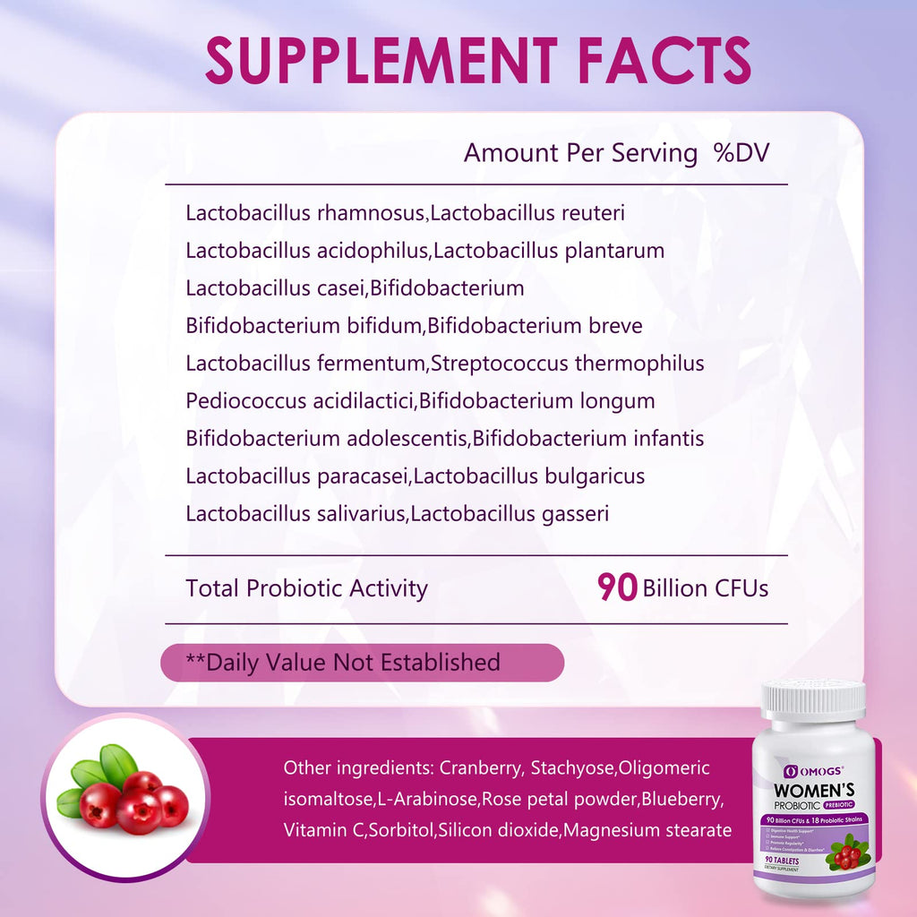 OMOGS Women's Probiotic, with Cranberry Extract, Organic Prebiotics & Vitamin C, 90 Billion CFUs,18 Strains, Help for Boost Immune, Digestive, Gut Health & Women's Health - FENGGESTORE20