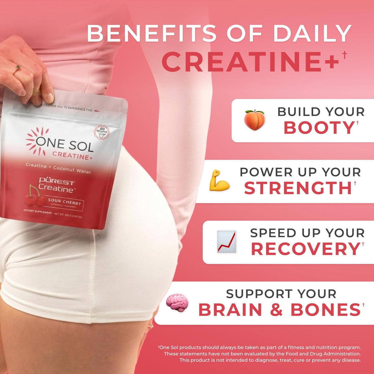One Sol Creatine for Women, All Natural Women's Creatine Powder w Pure Creatine & Coconut Water, Increase Lean Muscle Mass, Reduce Recovery Time, Promote Brain & Bone Health (Sour Cherry, 60 Servings) - FENGGESTORE20