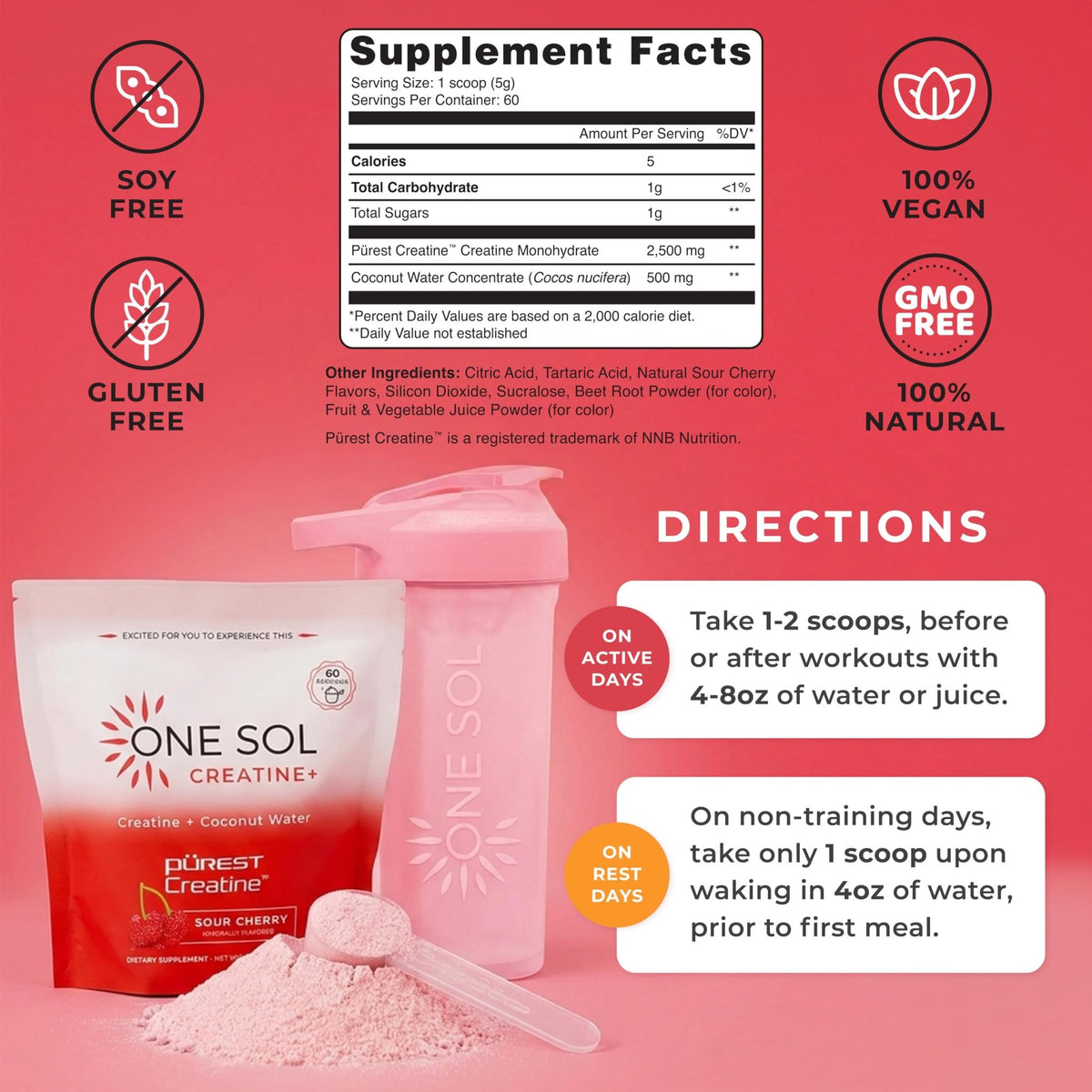 One Sol Creatine for Women, All Natural Women's Creatine Powder w Pure Creatine & Coconut Water, Increase Lean Muscle Mass, Reduce Recovery Time, Promote Brain & Bone Health (Sour Cherry, 60 Servings) - FENGGESTORE20