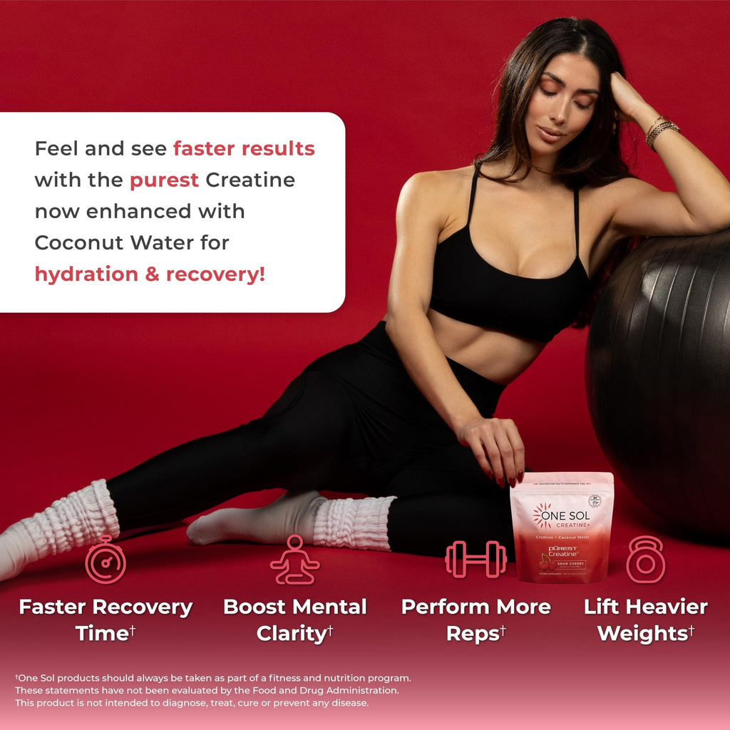 One Sol Creatine for Women, All Natural Women's Creatine Powder w Pure Creatine & Coconut Water, Increase Lean Muscle Mass, Reduce Recovery Time, Promote Brain & Bone Health (Sour Cherry, 60 Servings) - FENGGESTORE20