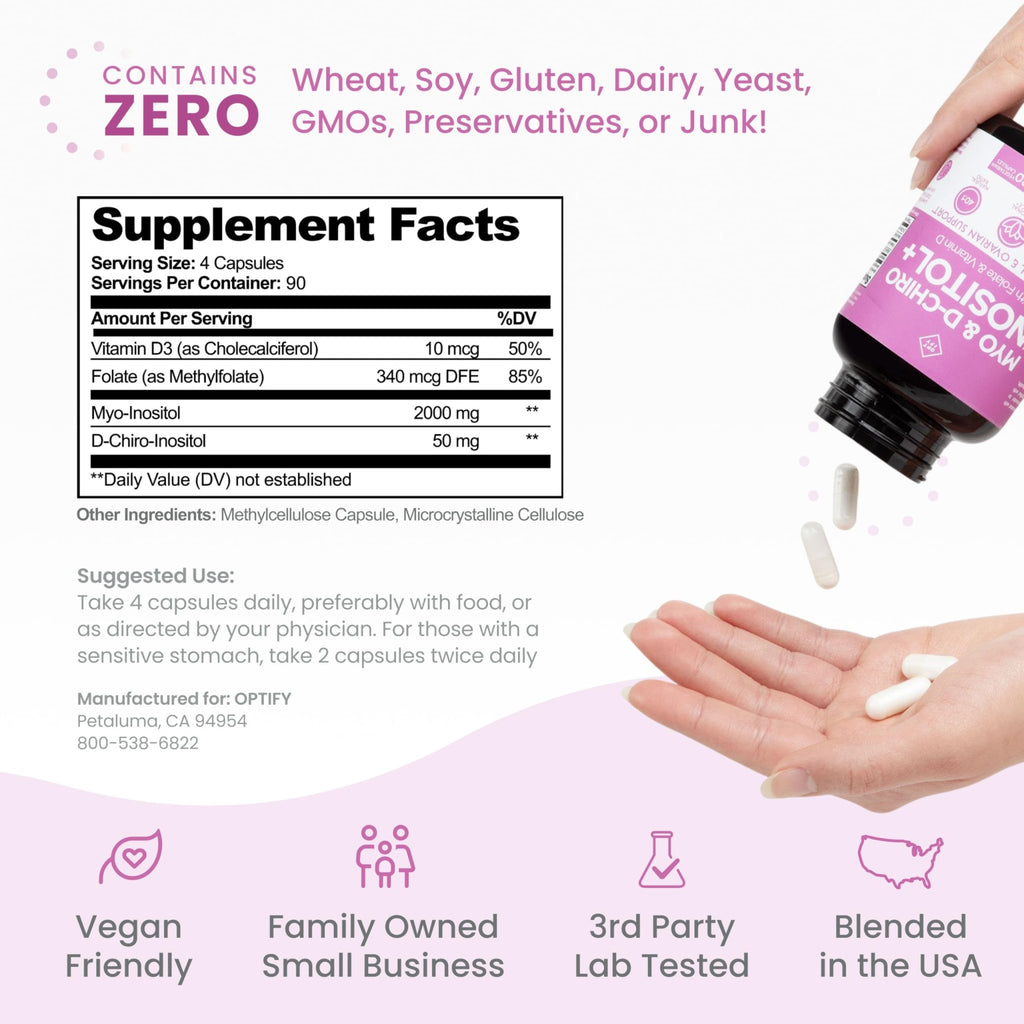 Optify Inositol Supplement for Women – 90-Day Supply – Myo-Inositol and D-Chiro Inositol with Folate and Vitamin D – 40:1 Ratio – Hormone Balance & Ovarian Support - 360 Capsules - FENGGESTORE20