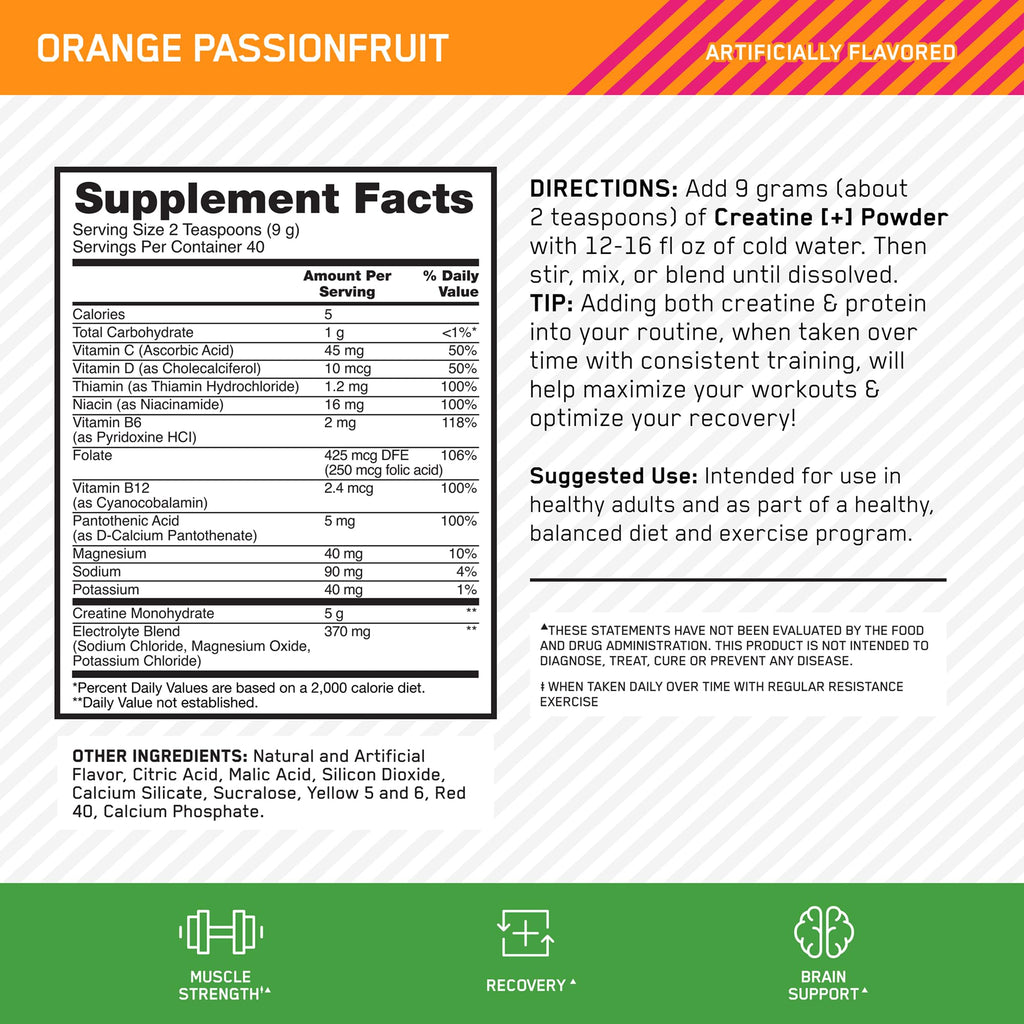 Optimum Nutrition Creatine Monohydrate Plus Powder, Orange Passionfruit Flavored Creatine Performance Blend With Electrolytes for Hydration, Added Vitamins, 40 Servings, 360 Grams (Packaging May Vary) - FENGGESTORE20