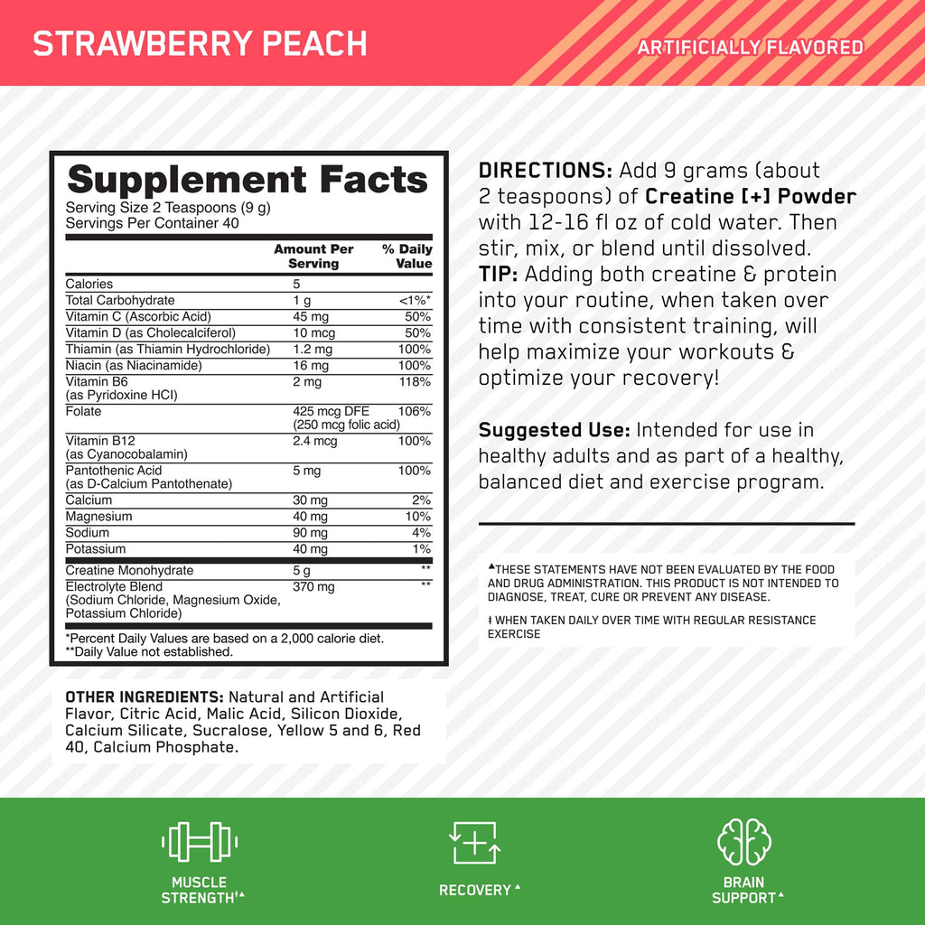 Optimum Nutrition Creatine Monohydrate Plus Powder, Strawberry Peach Flavored Creatine Performance Blend, with Electrolytes for Hydration, Added Vitamins - FENGGESTORE20