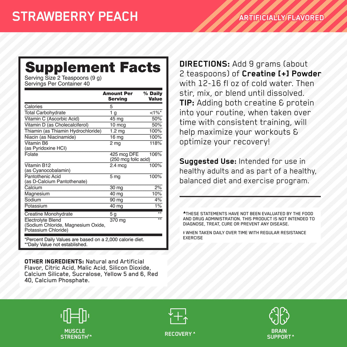 Optimum Nutrition Creatine Monohydrate Plus Powder, Strawberry Peach Flavored Creatine Performance Blend, with Electrolytes for Hydration, Added Vitamins - FENGGESTORE20