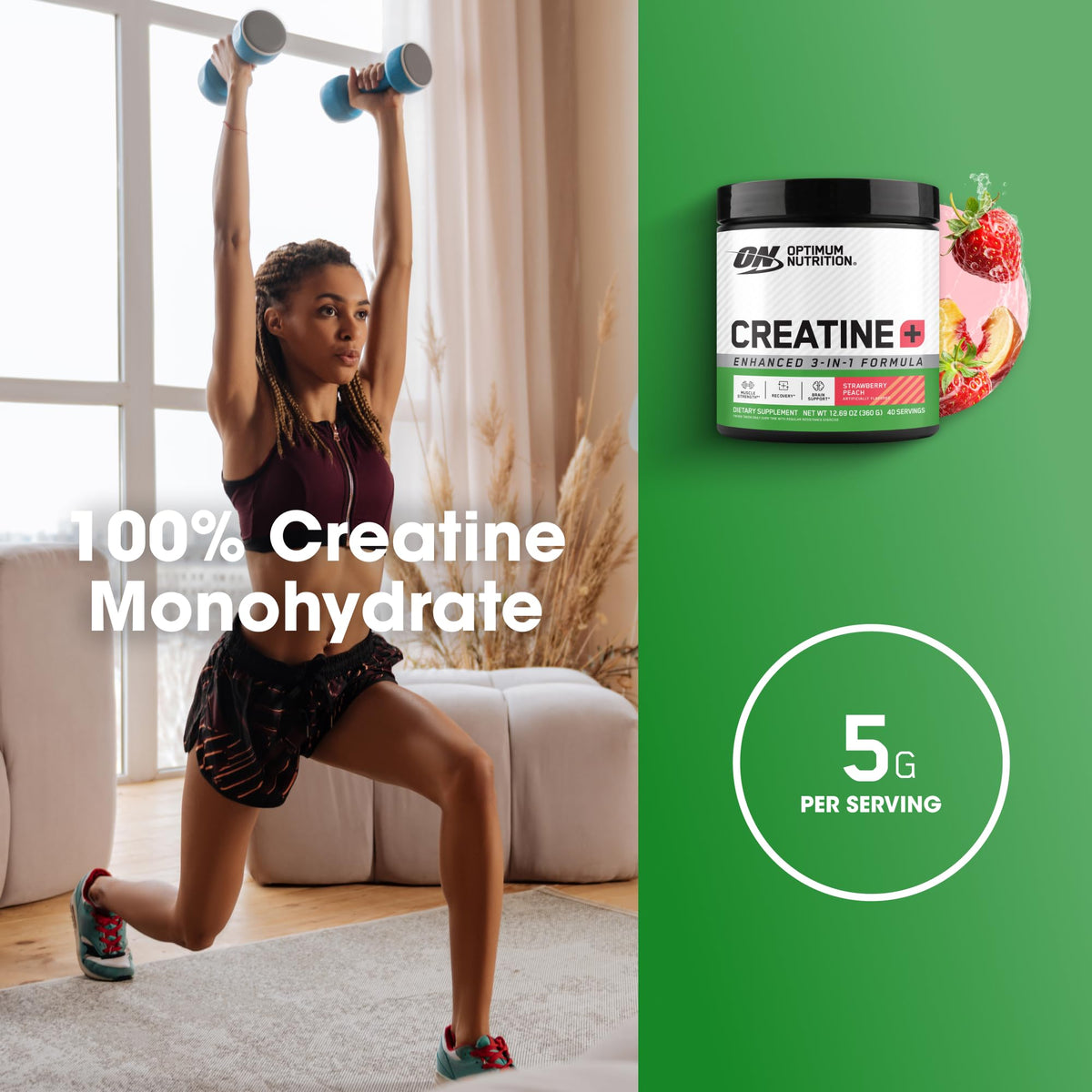 Optimum Nutrition Creatine Monohydrate Plus Powder, Strawberry Peach Flavored Creatine Performance Blend, with Electrolytes for Hydration, Added Vitamins - FENGGESTORE20