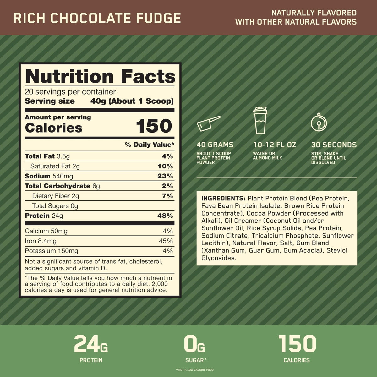 Optimum Nutrition Gold Standard 100% Plant Based Protein Powder, Gluten Free, Vegan Protein for Muscle Support and Recovery with Amino Acids - Rich Chocolate Fudge, 20 Servings (Packaging May Vary) - FENGGESTORE20