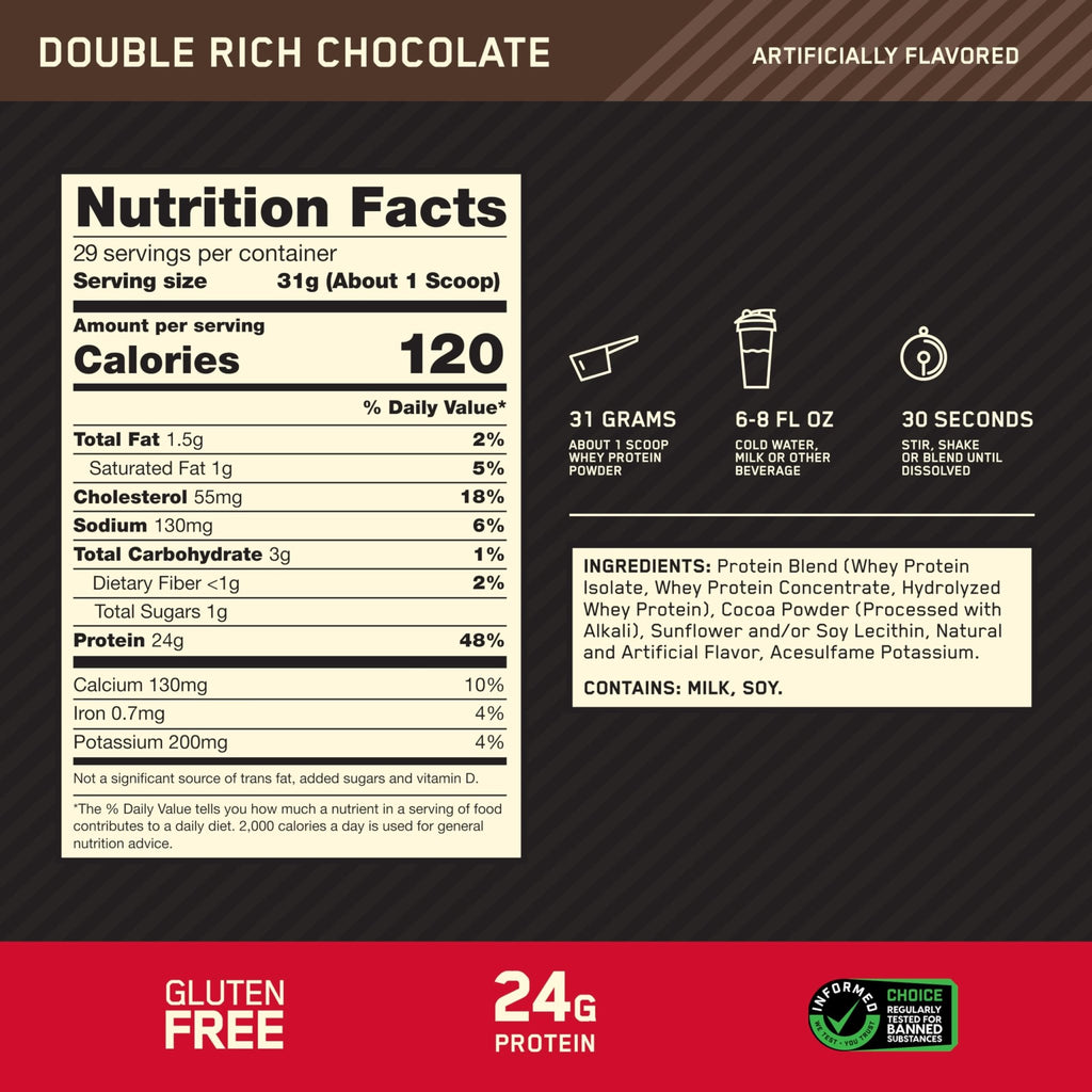 Optimum Nutrition Gold Standard 100% Whey Protein Powder, Double Rich Chocolate 1.98 Pound (Packaging May Vary) - FENGGESTORE20