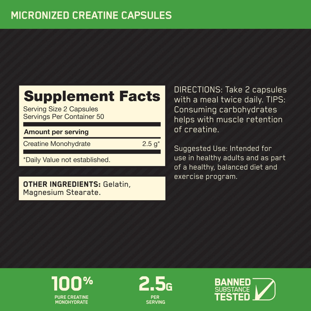 Optimum Nutrition Micronized Creatine Monohydrate Capsules, Keto Friendly, 2500mg, 100 Capsules - FENGGESTORE20
