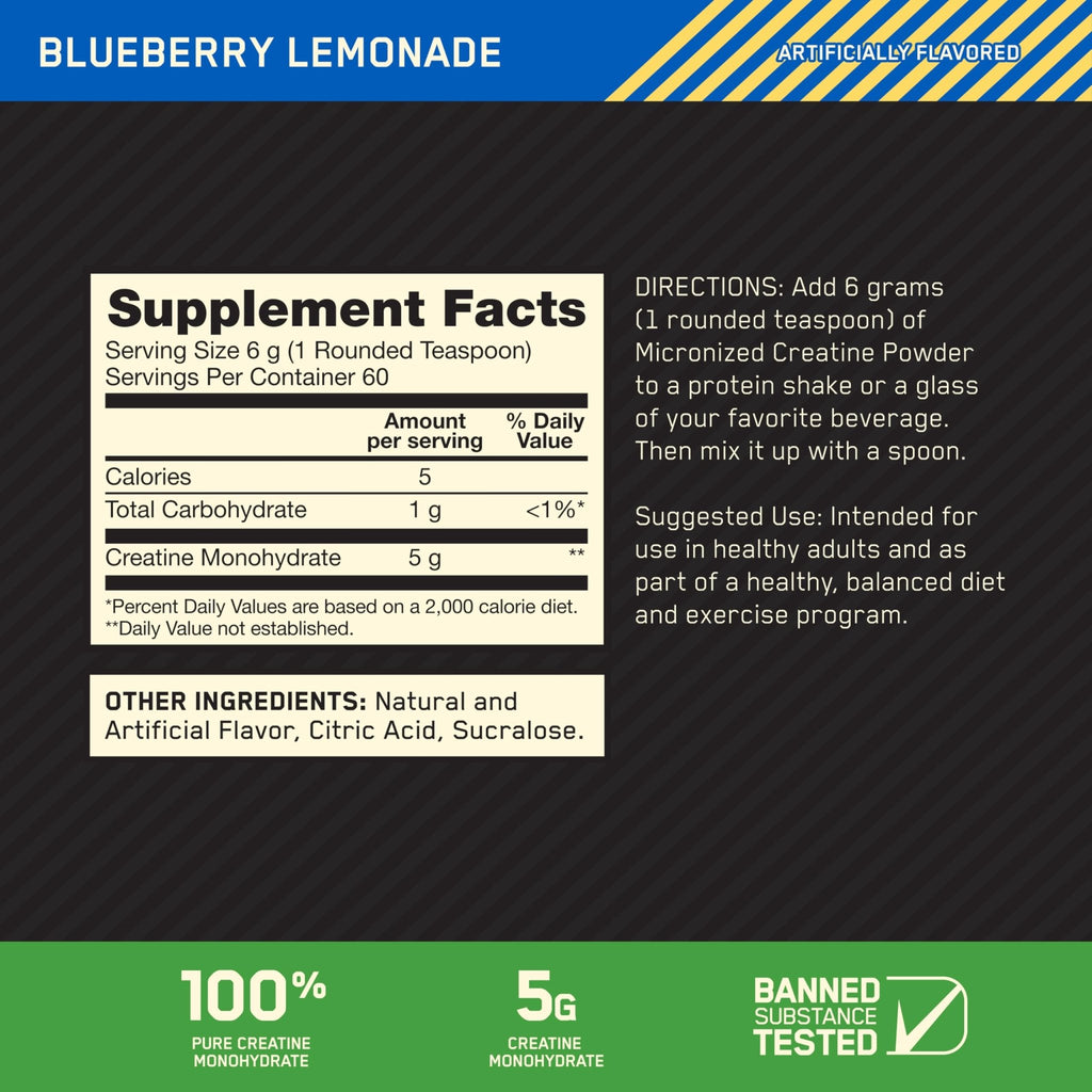 Optimum Nutrition Micronized Creatine Monohydrate Powder, Blueberry Lemonade Creatine, 60 Servings, 360 Grams (Packaging May Vary) - FENGGESTORE20