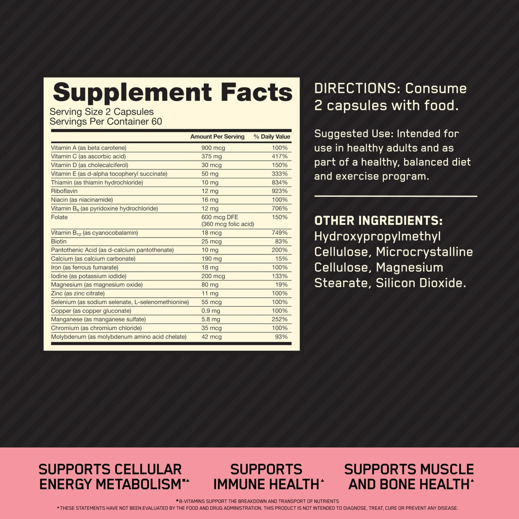 Optimum Nutrition Opti-Women, Vitamin C, Zinc and Vitamin D for Immune Support Womens Daily Multivitamin Supplement with Iron, Capsules, 120 Count - FENGGESTORE20
