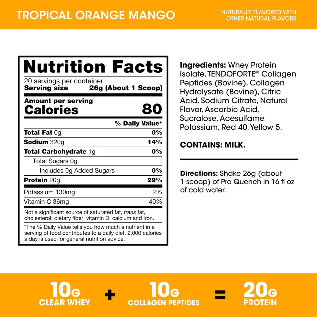 Optimum Nutrition Pro Quench, 10g Clear Protein, 10g Collagen peptides & Electrolyte Powder Drink Mix, Tropical Orange Mango, 20 Servings, - FENGGESTORE20