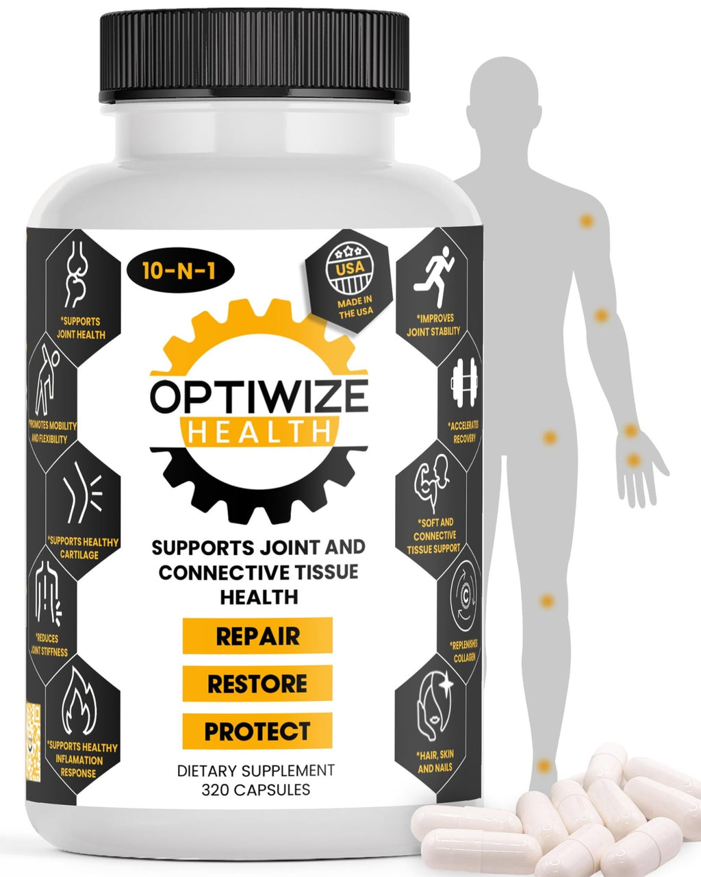 OptiWize 10-N-1 Joint Support Hydrolyzed Collagen,MSM, Hyaluronic Acid, Glucosamine,Chondroitin & More- Targets Joint Discomfort, Improves Mobility & Flexibility 320 Caps for Men & Women Made in USA - FENGGESTORE20