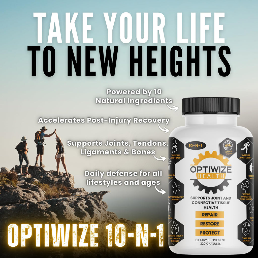 OptiWize 10-N-1 Joint Support Hydrolyzed Collagen,MSM, Hyaluronic Acid, Glucosamine,Chondroitin & More- Targets Joint Discomfort, Improves Mobility & Flexibility 320 Caps for Men & Women Made in USA - FENGGESTORE20