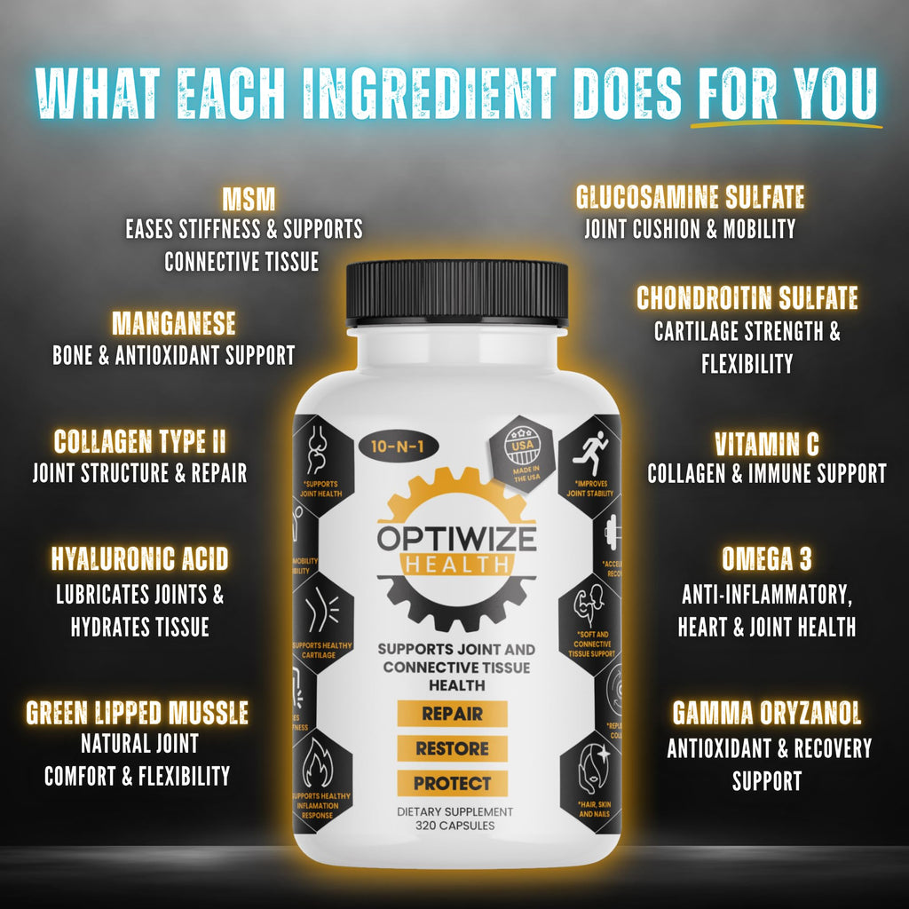 OptiWize 10-N-1 Joint Support Hydrolyzed Collagen,MSM, Hyaluronic Acid, Glucosamine,Chondroitin & More- Targets Joint Discomfort, Improves Mobility & Flexibility 320 Caps for Men & Women Made in USA - FENGGESTORE20