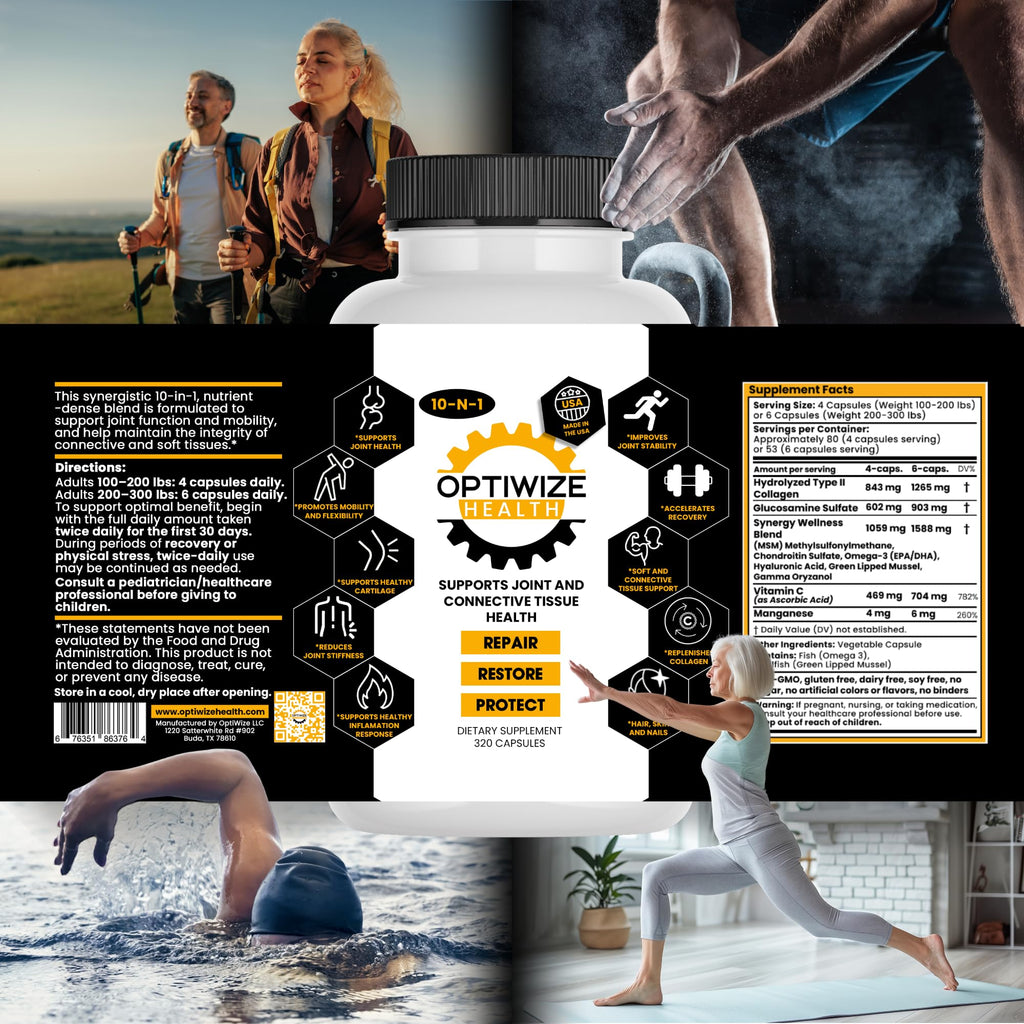 OptiWize 10-N-1 Joint Support Hydrolyzed Collagen,MSM, Hyaluronic Acid, Glucosamine,Chondroitin & More- Targets Joint Discomfort, Improves Mobility & Flexibility 320 Caps for Men & Women Made in USA - FENGGESTORE20