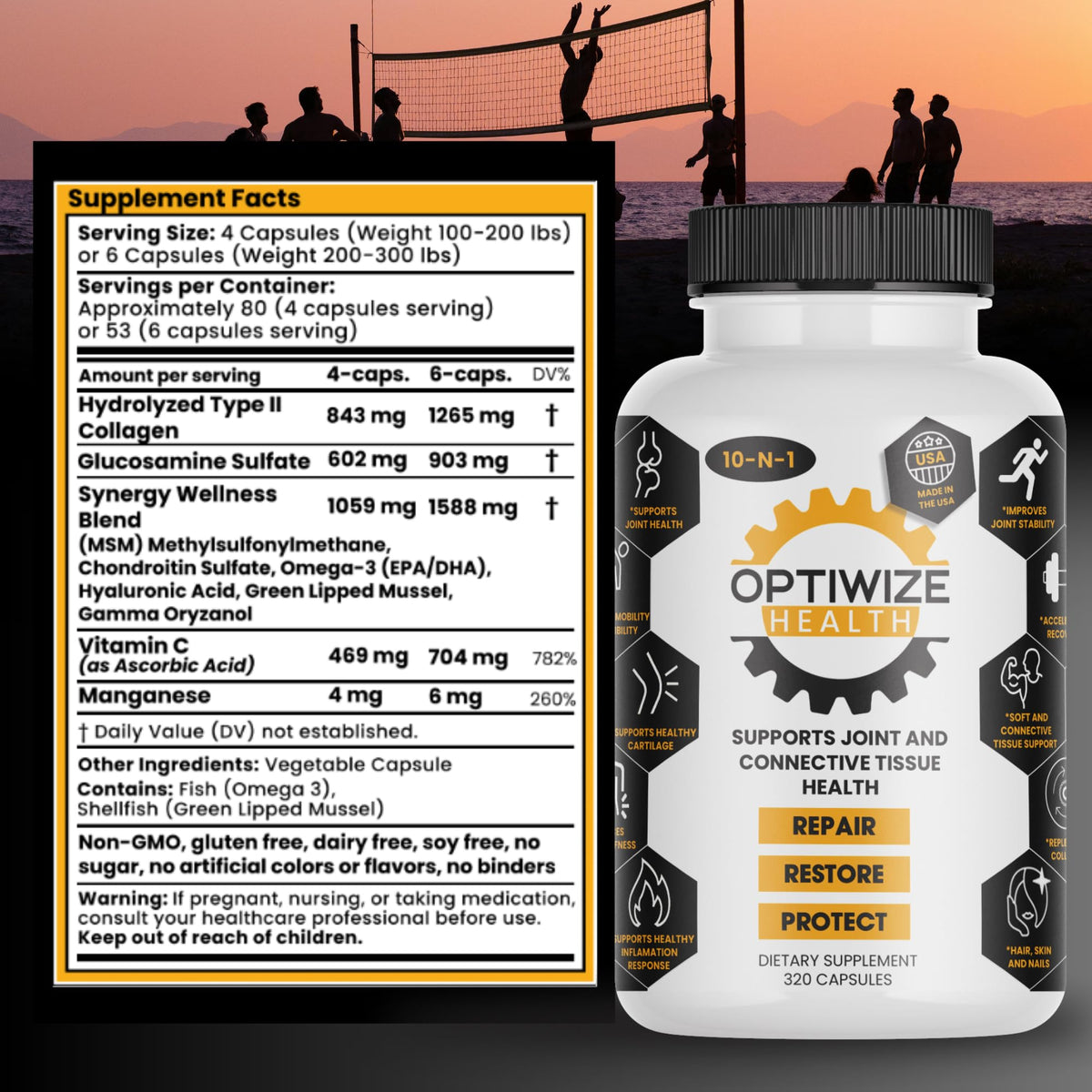 OptiWize 10-N-1 Joint Support Hydrolyzed Collagen,MSM, Hyaluronic Acid, Glucosamine,Chondroitin & More- Targets Joint Discomfort, Improves Mobility & Flexibility 320 Caps for Men & Women Made in USA - FENGGESTORE20