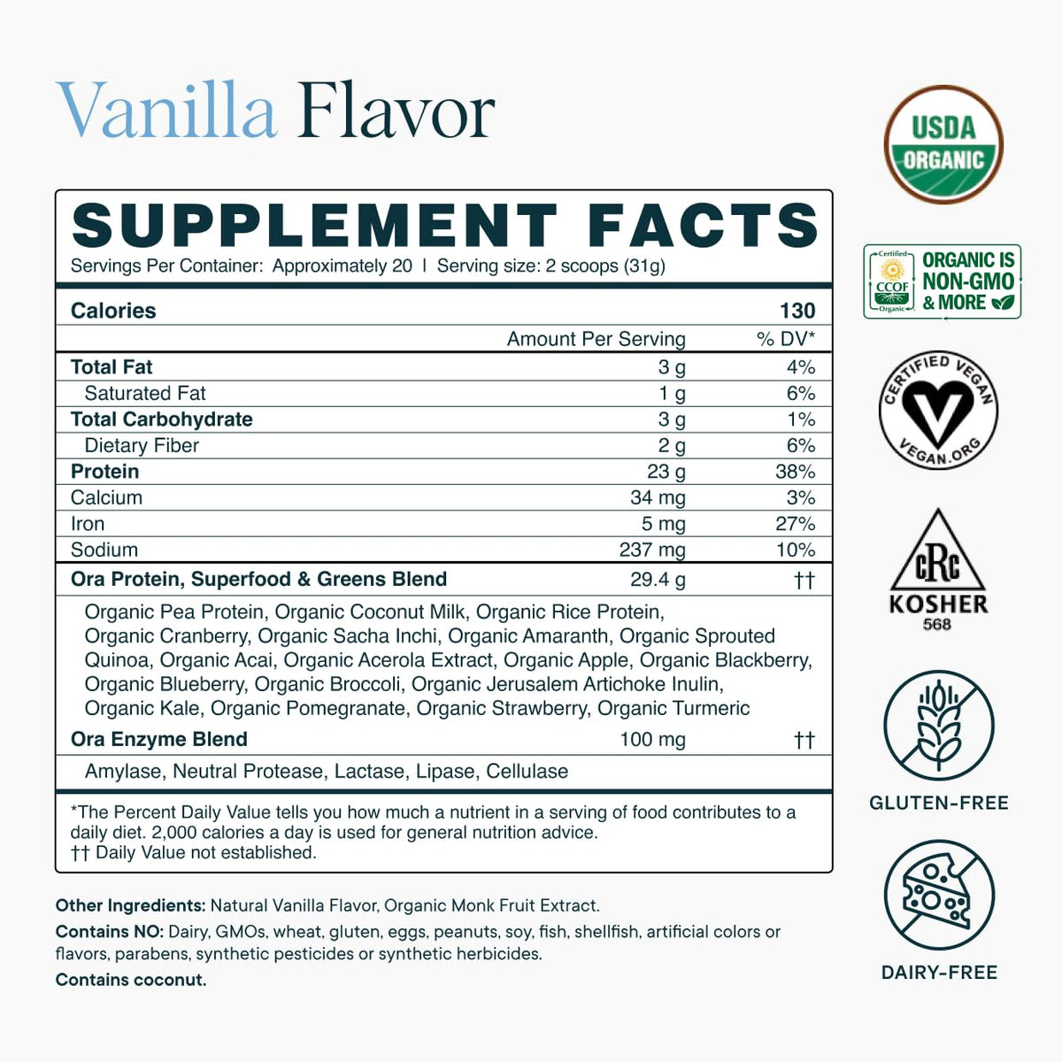 Ora Organic Plant-Based Protein Powder - 23g Protein for Women and Men - Vanilla Flavor 20 Servings, Vegan, Clean Protein - FENGGESTORE20