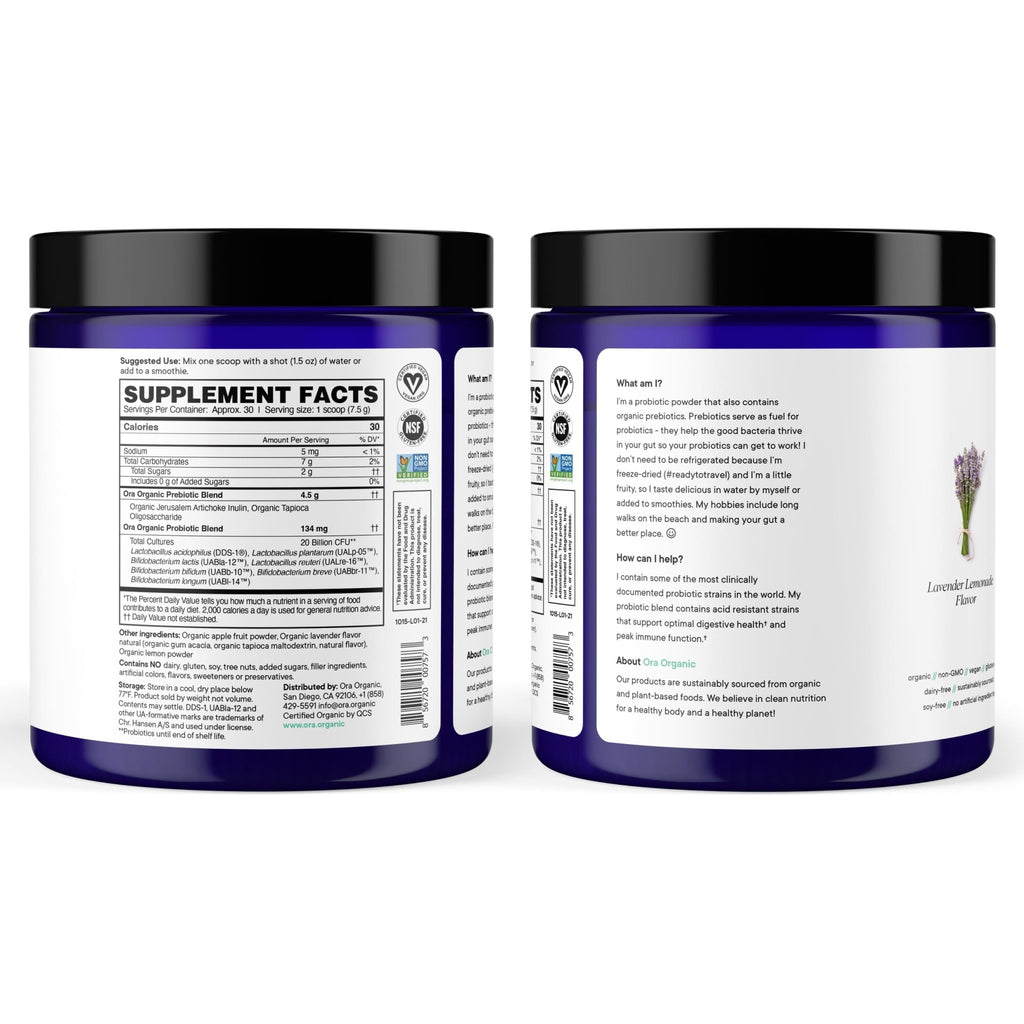 Ora Organic Prebiotic and Probiotic Powder Supplement - 20 Billion Probiotics, 7 Strains for Best Prebiotic Powder, Non-GMO, Probiotics for Women, Men & Kids - Lavender Lemonade Flavor, 30 Servings - FENGGESTORE20