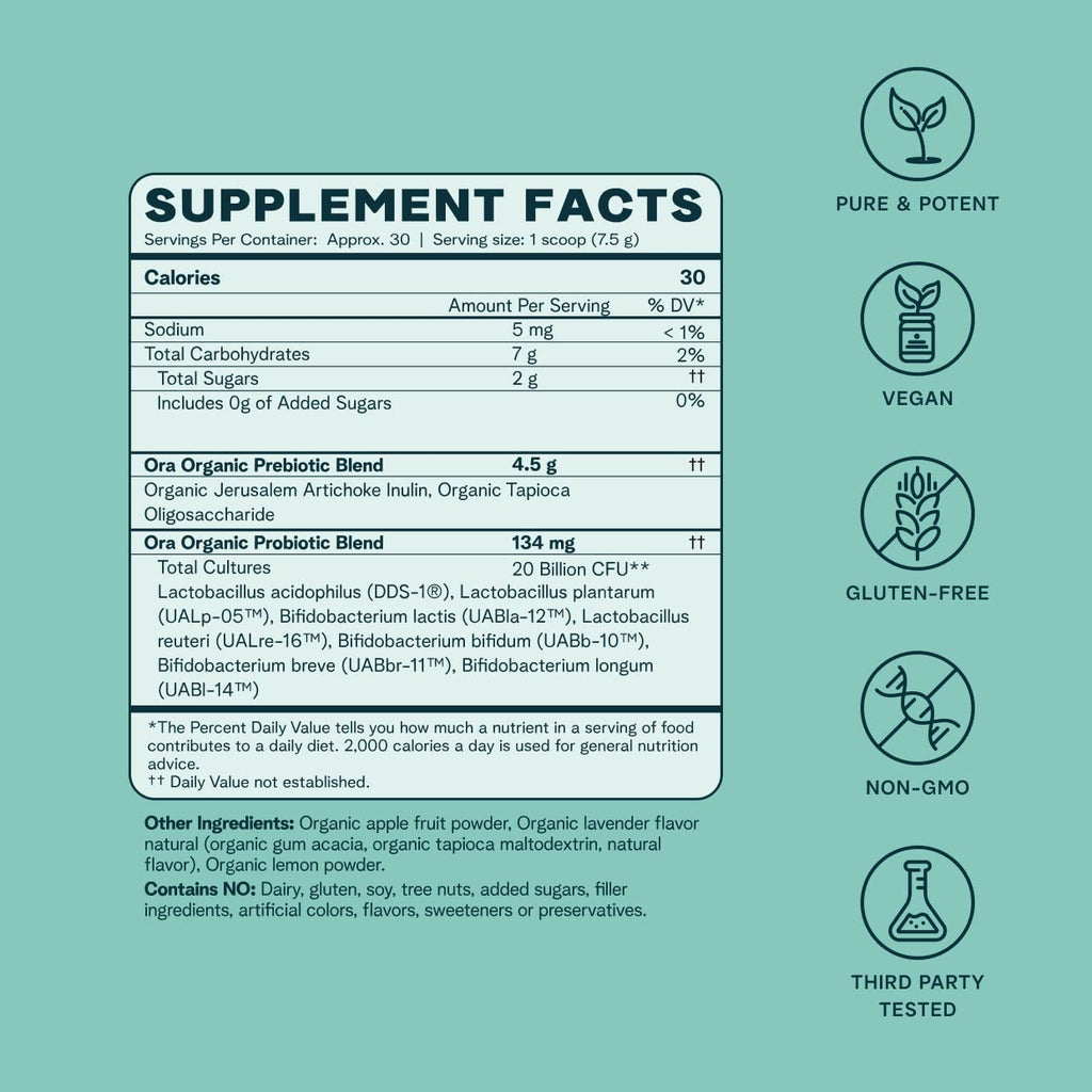Ora Organic Prebiotic and Probiotic Powder Supplement - 20 Billion Probiotics, 7 Strains for Best Prebiotic Powder, Non-GMO, Probiotics for Women, Men & Kids - Lavender Lemonade Flavor, 30 Servings - FENGGESTORE20