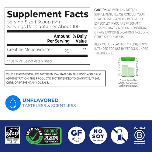 Orgain Creatine Monohydrate Micronized Powder, 100 Servings, Unflavored, Supports Muscle Growth, Post Workout Recovery and Brain Health, No Artificial Additives - FENGGESTORE20