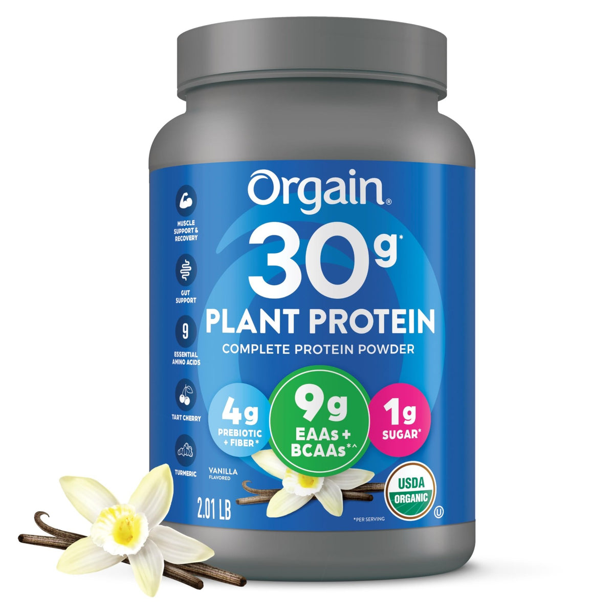 Orgain Organic 30g Vegan Plant Protein Powder, Vanilla, 9g EAAs + BCAAs, High Plant Protein, 4g Prebiotic + Fiber, 1g Sugar, Pre-Workout, Muscle Support + Recovery - 2.01lb (Packaging May Vary) - FENGGESTORE20