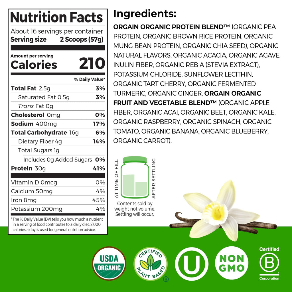 Orgain Organic 30g Vegan Plant Protein Powder, Vanilla, 9g EAAs + BCAAs, High Plant Protein, 4g Prebiotic + Fiber, 1g Sugar, Pre-Workout, Muscle Support + Recovery - 2.01lb (Packaging May Vary) - FENGGESTORE20