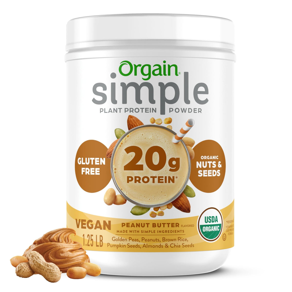 Orgain Organic Simple Vegan Protein Powder, Peanut Butter - 20g Plant Based Protein, With less Ingredients, No Artificial Sweeteners, Gluten Free, No Dairy or Lactose, 1.25 lb (Packaging May Vary) - FENGGESTORE20