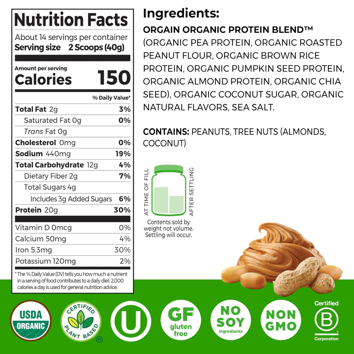 Orgain Organic Simple Vegan Protein Powder, Peanut Butter - 20g Plant Based Protein, With less Ingredients, No Artificial Sweeteners, Gluten Free, No Dairy or Lactose, 1.25 lb (Packaging May Vary) - FENGGESTORE20