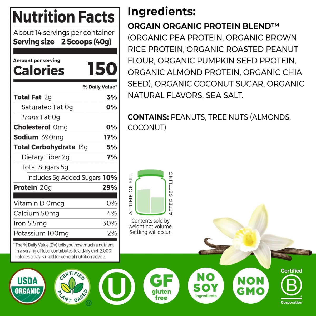 Orgain Organic Simple Vegan Protein Powder, Vanilla - 20g Plant Based Protein, Made with less Ingredients, No Artificial Sweeteners, Gluten Free, No Dairy or Lactose, 1.25 lb (Packaging May Vary) - FENGGESTORE20