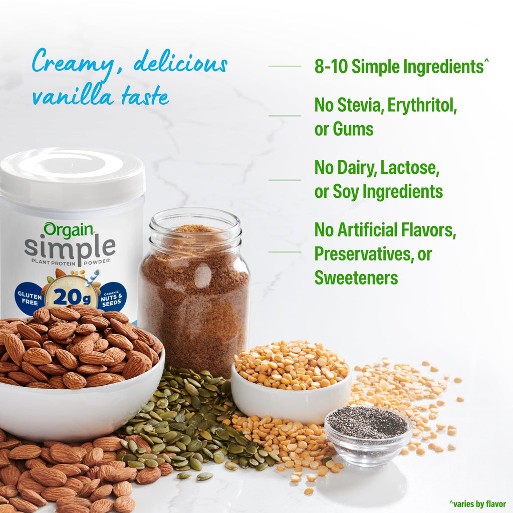 Orgain Organic Simple Vegan Protein Powder, Vanilla - 20g Plant Based Protein, Made with less Ingredients, No Artificial Sweeteners, Gluten Free, No Dairy or Lactose, 1.25 lb (Packaging May Vary) - FENGGESTORE20