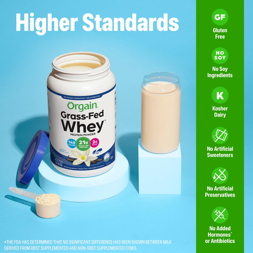 Orgain Whey Protein Powder, Vanilla Bean, 21g Grass Fed Dairy Protein, 5g BCAAs, 3g Prebiotic Fiber, 2g Sugar, No Added Hormones, Gluten Free, Kosher, for Shakes & Smoothies, 1.82 lb - FENGGESTORE20