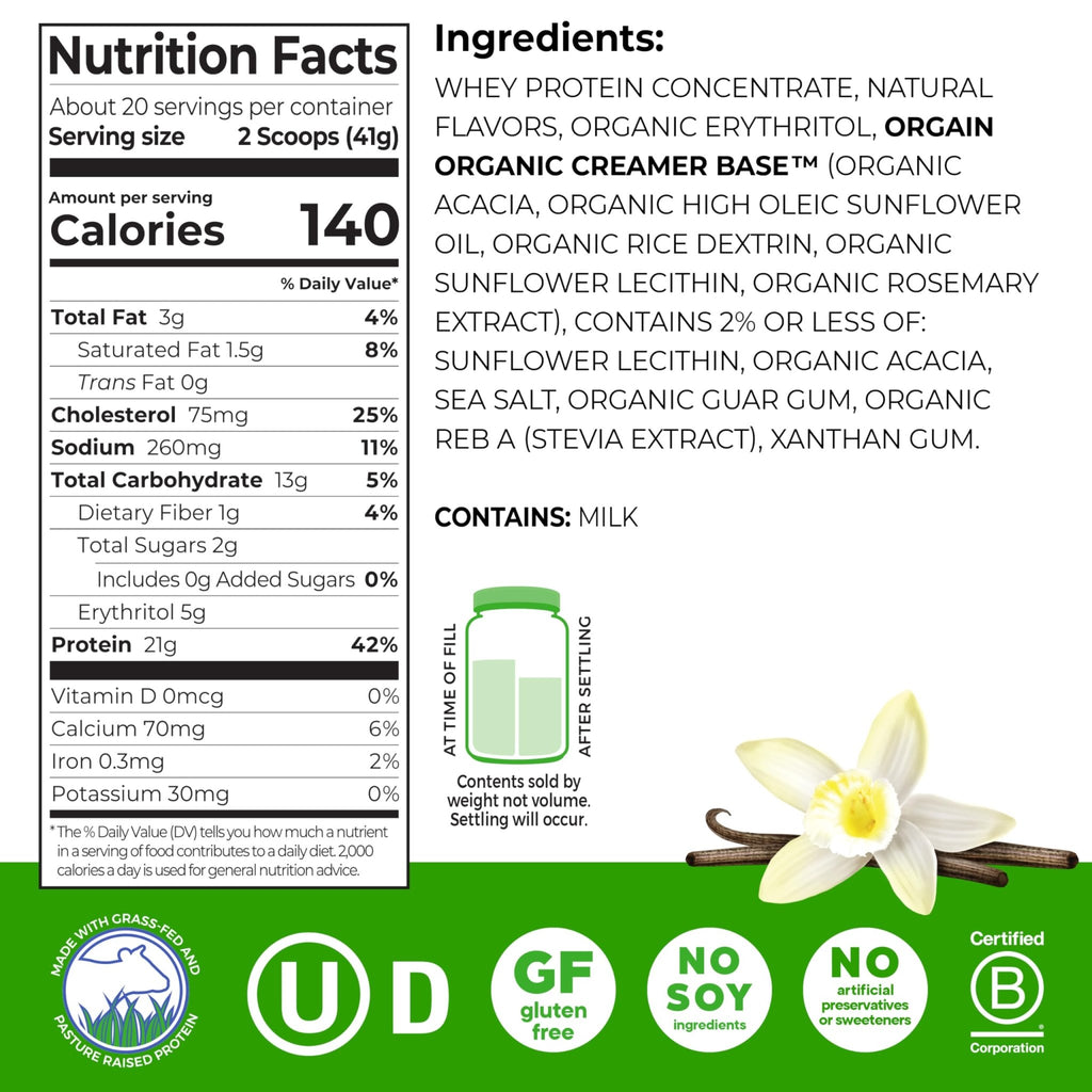 Orgain Whey Protein Powder, Vanilla Bean, 21g Grass Fed Dairy Protein, 5g BCAAs, 3g Prebiotic Fiber, 2g Sugar, No Added Hormones, Gluten Free, Kosher, for Shakes & Smoothies, 1.82 lb - FENGGESTORE20