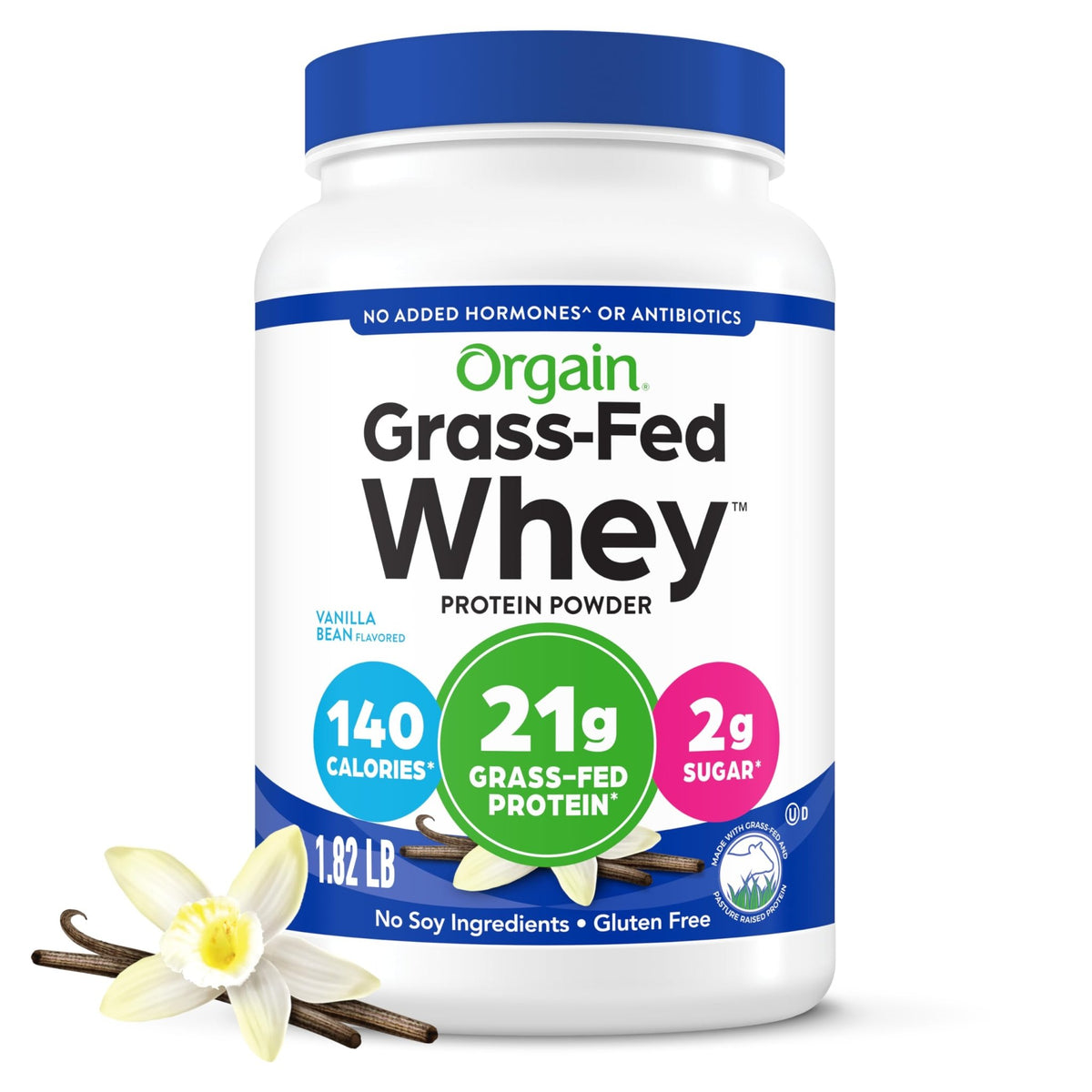 Orgain Whey Protein Powder, Vanilla Bean, 21g Grass Fed Dairy Protein, 5g BCAAs, 3g Prebiotic Fiber, 2g Sugar, No Added Hormones, Gluten Free, Kosher, for Shakes & Smoothies, 1.82 lb - FENGGESTORE20