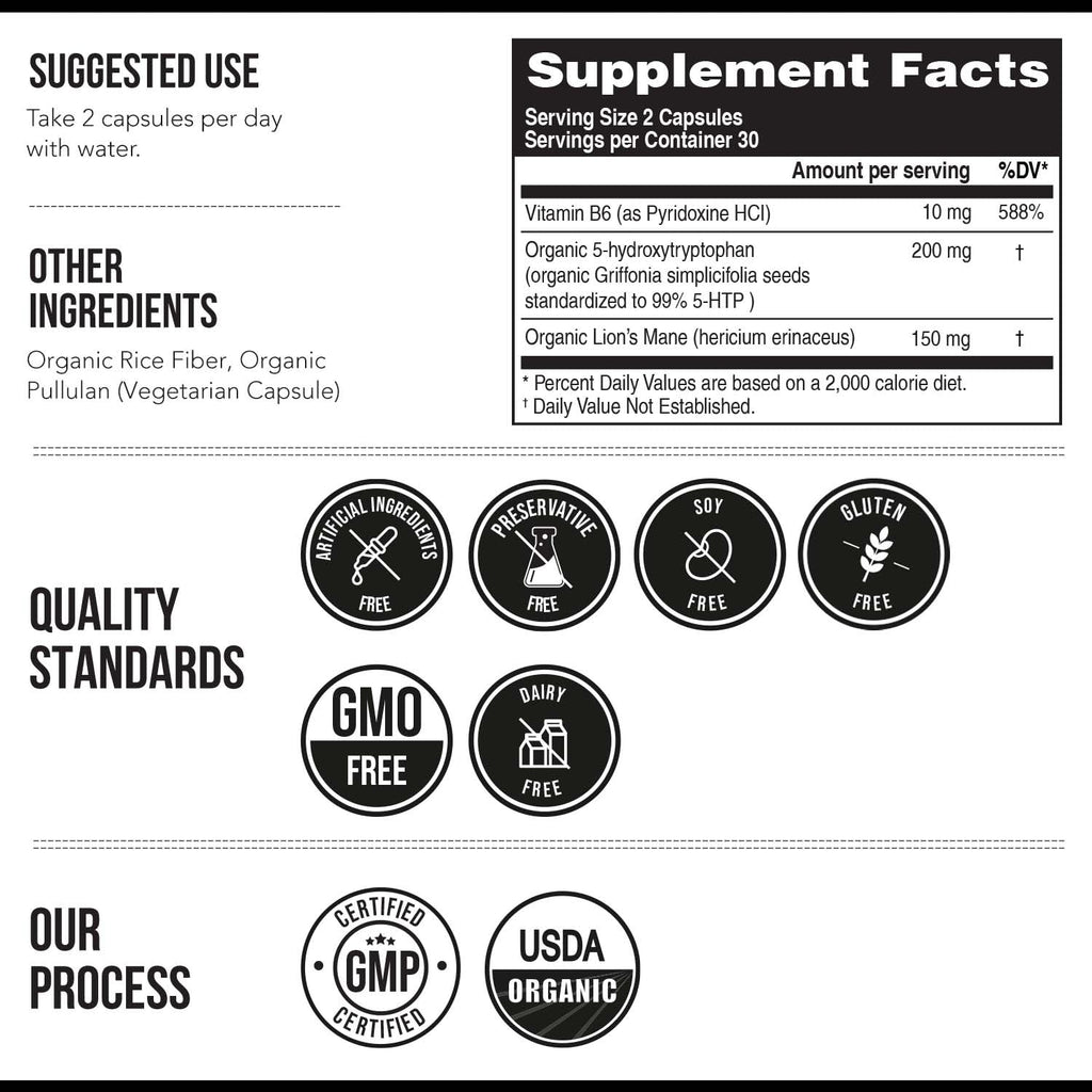 Organic 5-HTP - 200 mg | 99% 5HTP Concentration, Plus Cofactor Vitamin B6 & Lion’s Mane | Water Extracted from Organic Griffonia Seeds | Supports Mood - FENGGESTORE20