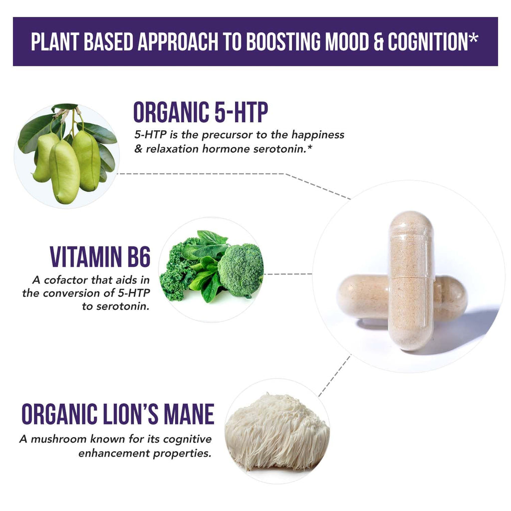 Organic 5-HTP - 200 mg | 99% 5HTP Concentration, Plus Cofactor Vitamin B6 & Lion’s Mane | Water Extracted from Organic Griffonia Seeds | Supports Mood - FENGGESTORE20