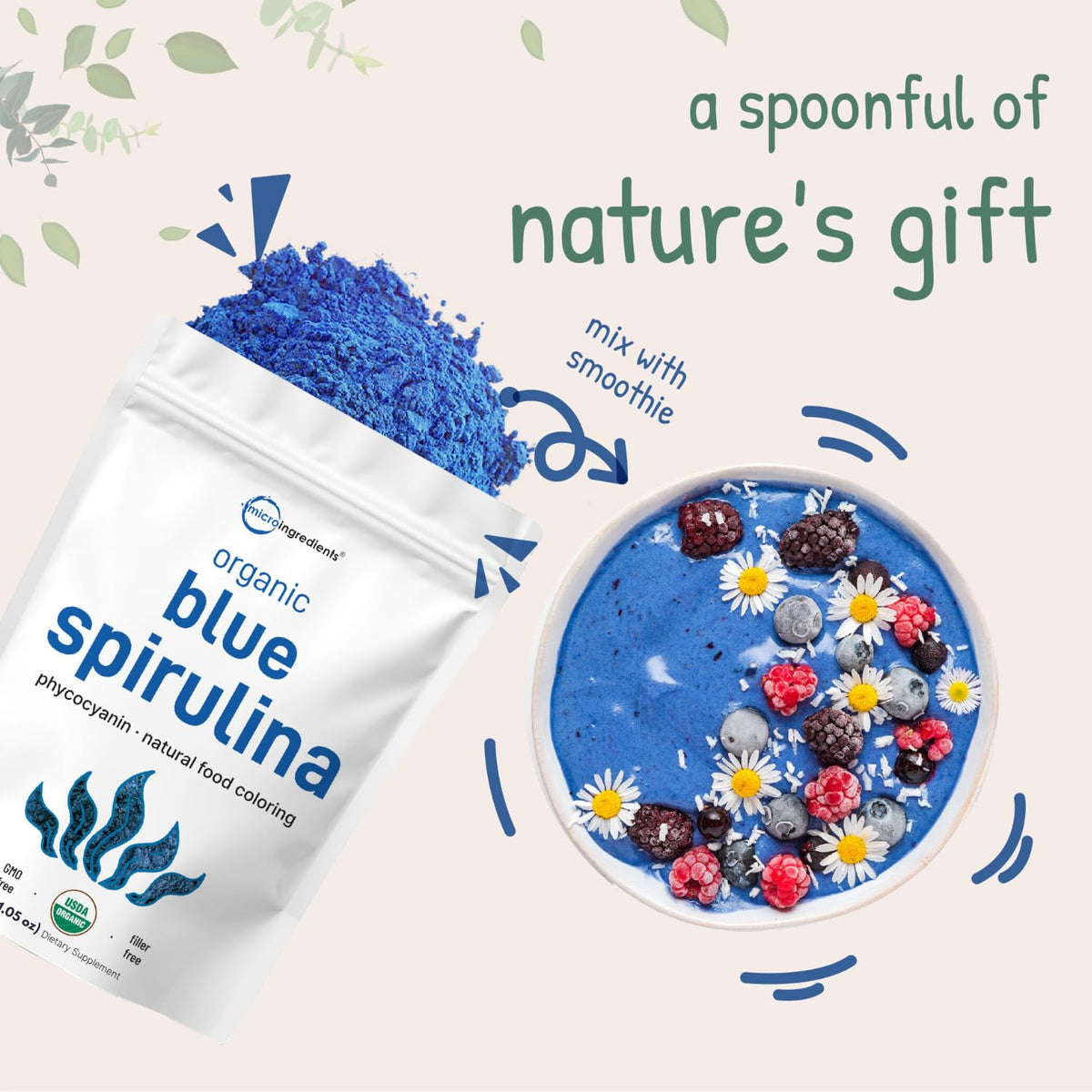Organic Blue Spirulina Powder (Phycocyanin Extract), 30 Servings - No Fishy Smell, 100% Vegan Protein from Blue-Green Algae, Natural Luminous Food - FENGGESTORE20