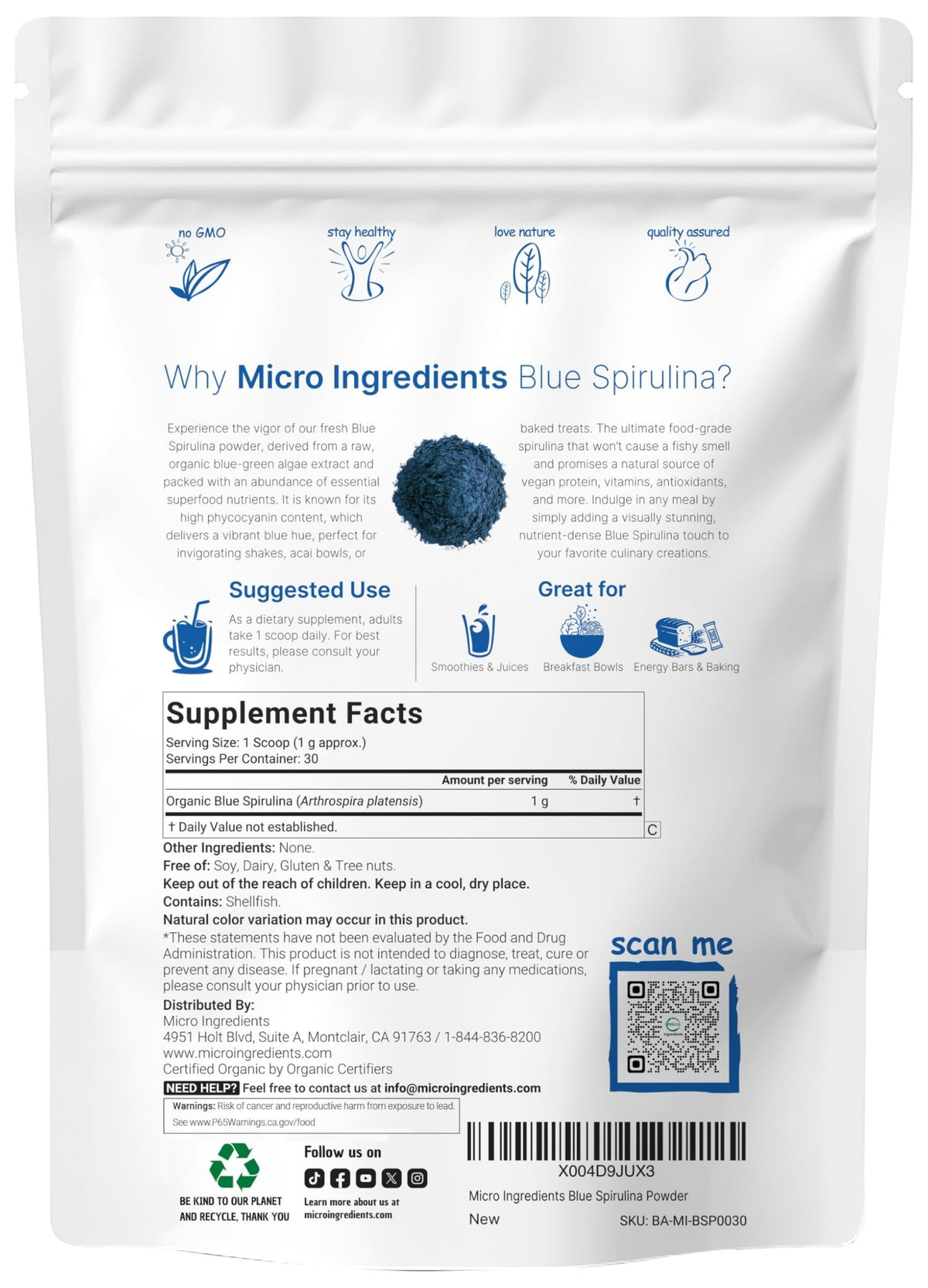Organic Blue Spirulina Powder (Phycocyanin Extract), 30 Servings - No Fishy Smell, 100% Vegan Protein from Blue-Green Algae, Natural Luminous Food - FENGGESTORE20