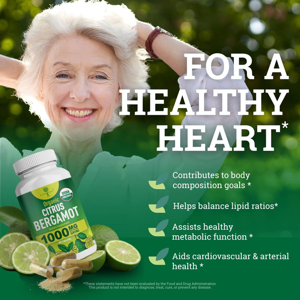Organic Citrus Bergamot Supplement - Only USDA, Cardiologist Formulated with 200+ Scientific Studies -1000mg - Patented Extract, Heart, Cholesterol, - FENGGESTORE20