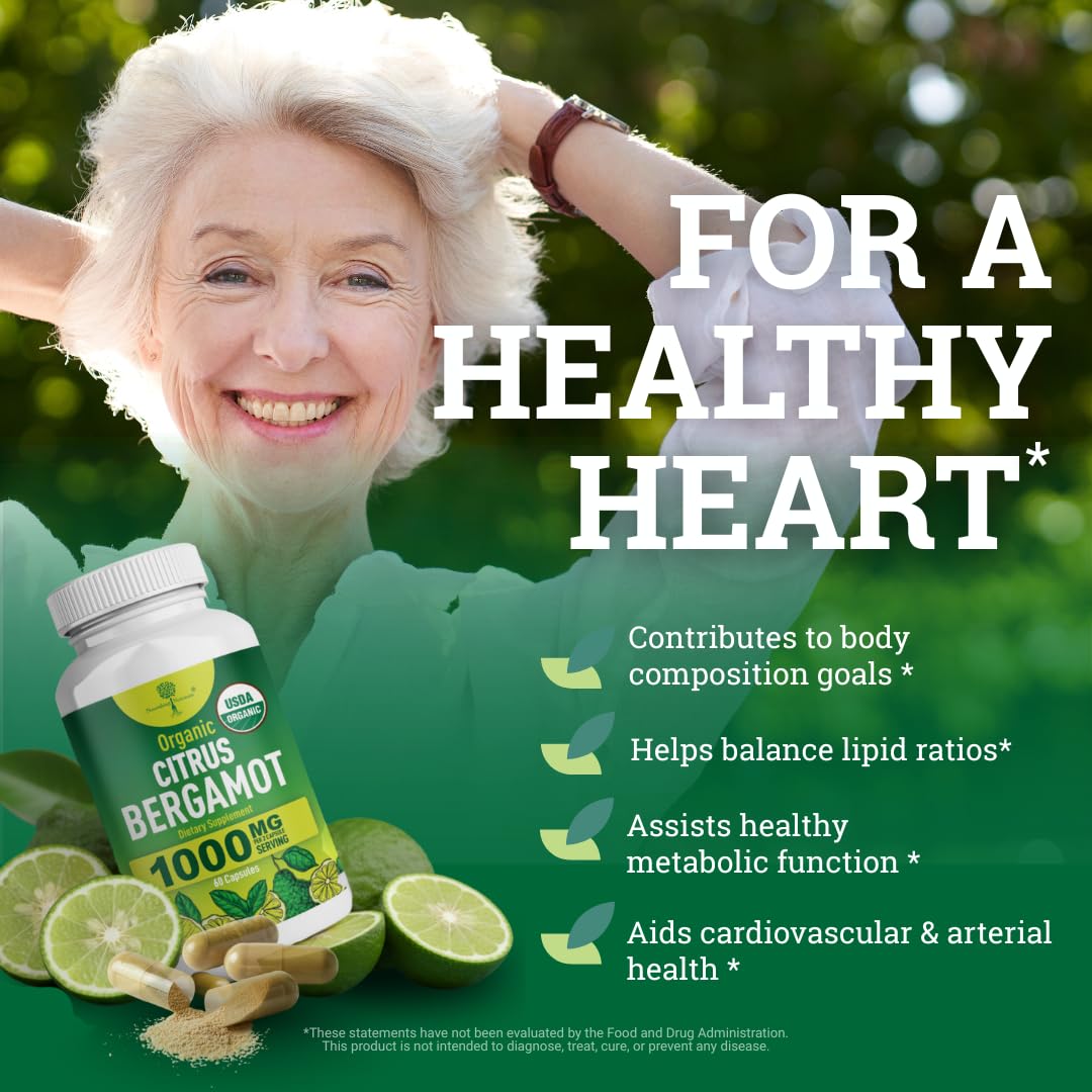 Organic Citrus Bergamot Supplement - Only USDA, Cardiologist Formulated with 200+ Scientific Studies -1000mg - Patented Extract, Heart, Cholesterol, - FENGGESTORE20