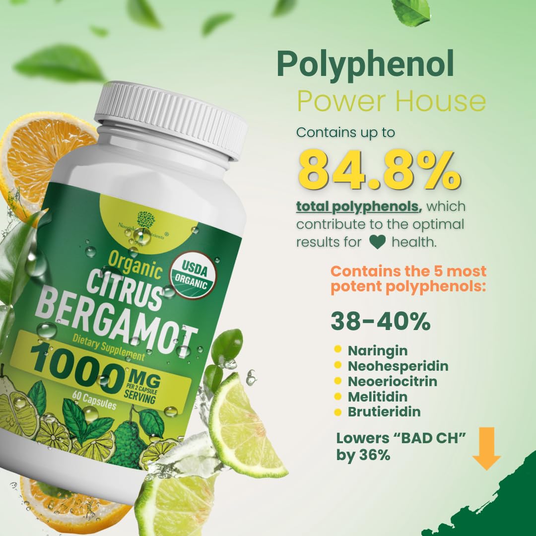 Organic Citrus Bergamot Supplement - Only USDA, Cardiologist Formulated with 200+ Scientific Studies -1000mg - Patented Extract, Heart, Cholesterol, - FENGGESTORE20