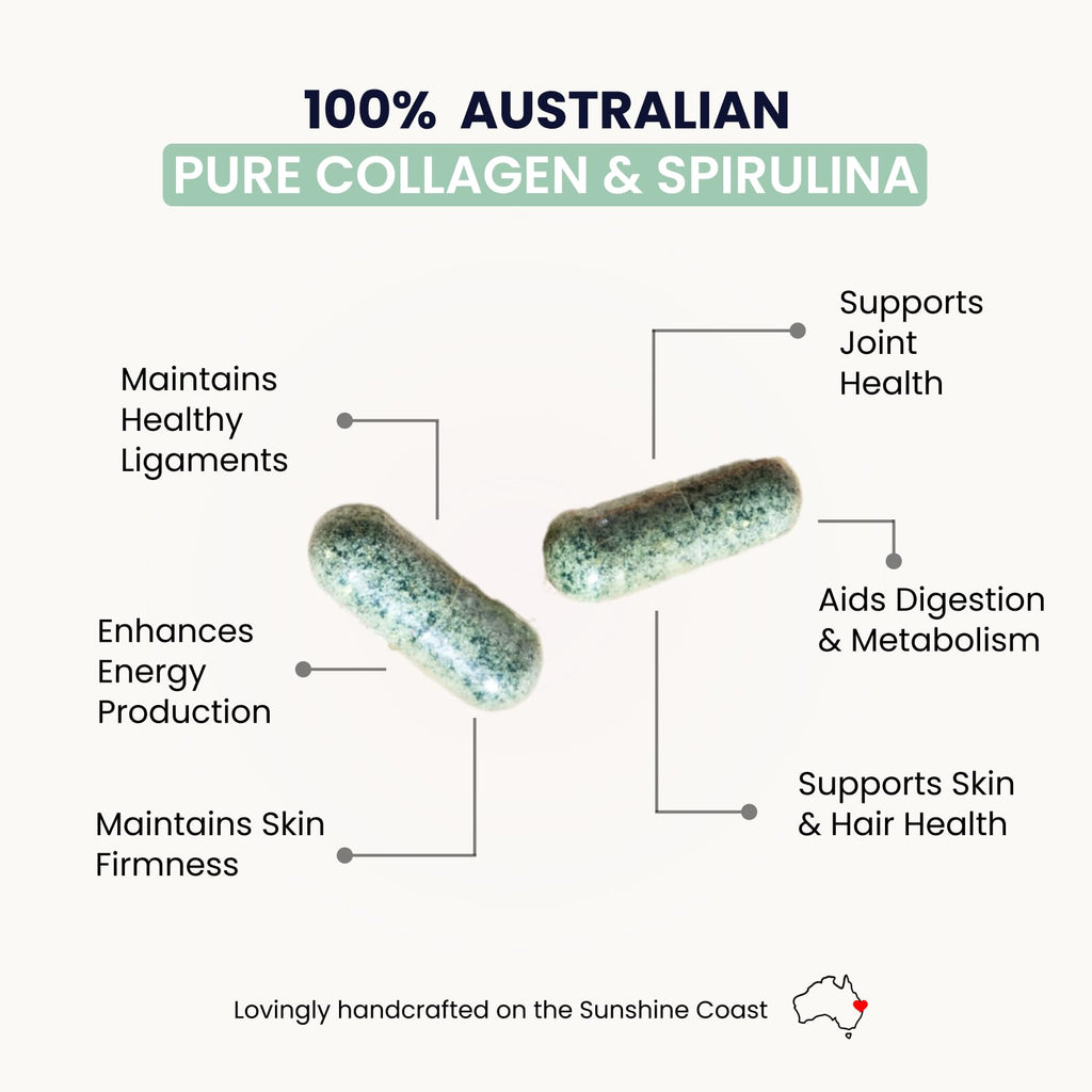 Organic Collagen Australia Pure Collagen & Spirulina Capsules – Antioxidant-Rich Supplement for Skin Elasticity, Joint Health, Metabolism Support & Energy (120 Capsules) - FENGGESTORE20