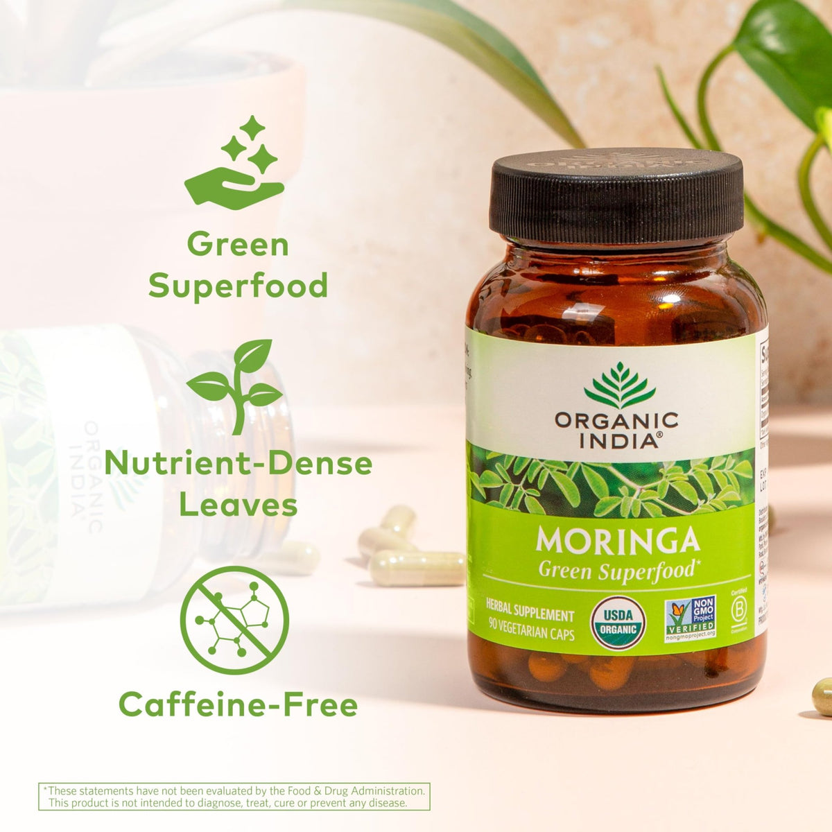 ORGANIC INDIA Moringa Herbal Supplement - Green Superfood, Nutrient Dense, Pure Plant Protein, Vitamin A, E, K, Iron, Calcium, Fiber, Vegan - FENGGESTORE20