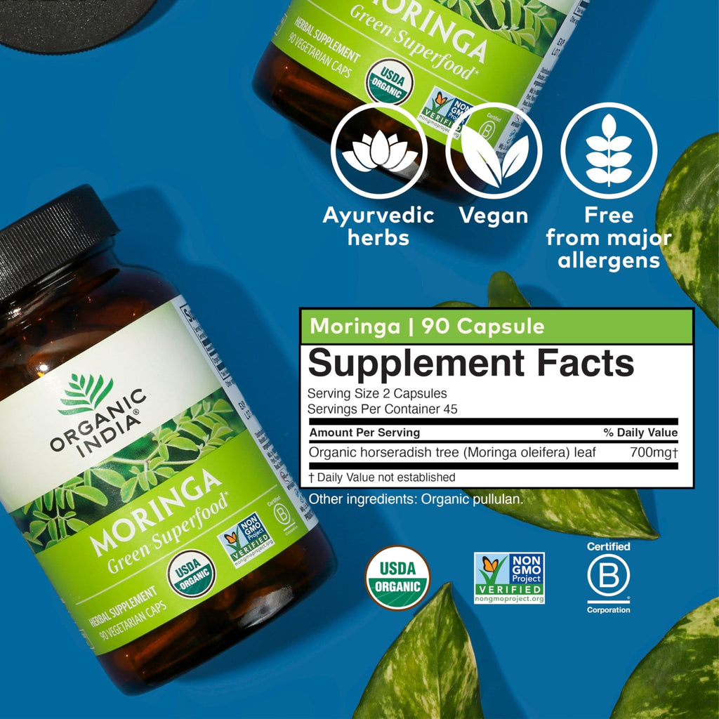 ORGANIC INDIA Moringa Herbal Supplement - Green Superfood, Nutrient Dense, Pure Plant Protein, Vitamin A, E, K, Iron, Calcium, Fiber, Vegan - FENGGESTORE20