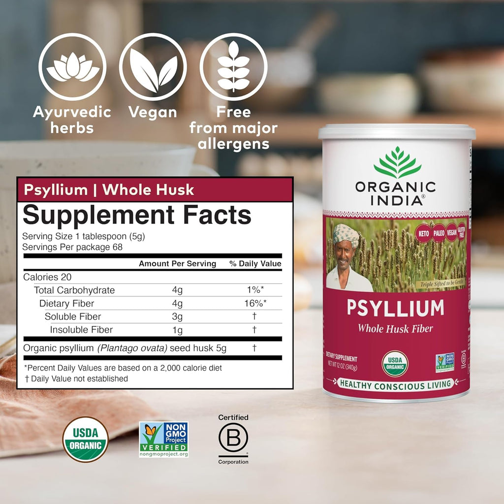ORGANIC INDIA Psyllium Herbal Powder - Whole Husk Fiber, Vegan, Gluten-Free, USDA Certified Organic, Non-GM - FENGGESTORE20