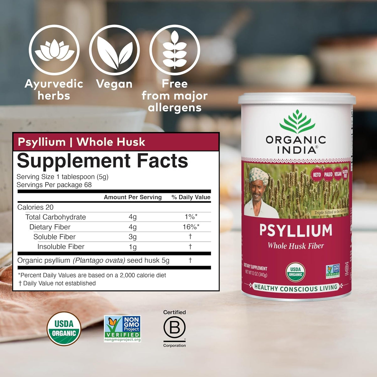 ORGANIC INDIA Psyllium Herbal Powder - Whole Husk Fiber, Vegan, Gluten-Free, USDA Certified Organic, Non-GM - FENGGESTORE20