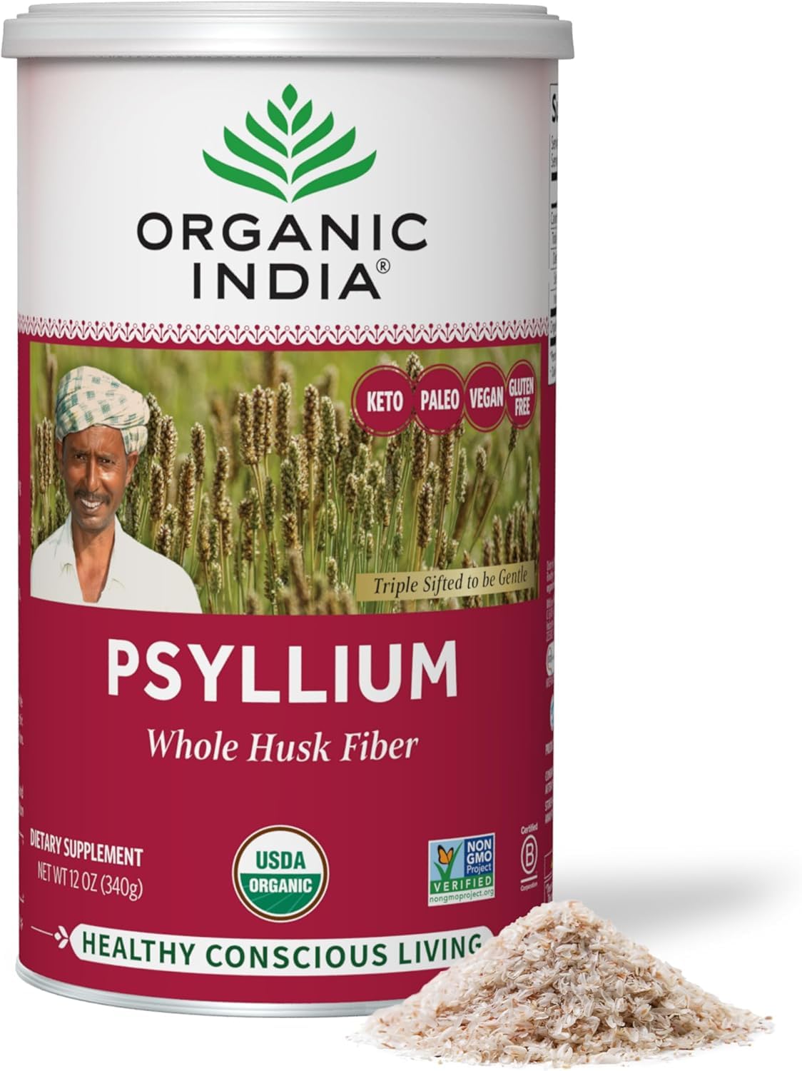 ORGANIC INDIA Psyllium Herbal Powder - Whole Husk Fiber, Vegan, Gluten-Free, USDA Certified Organic, Non-GM - FENGGESTORE20