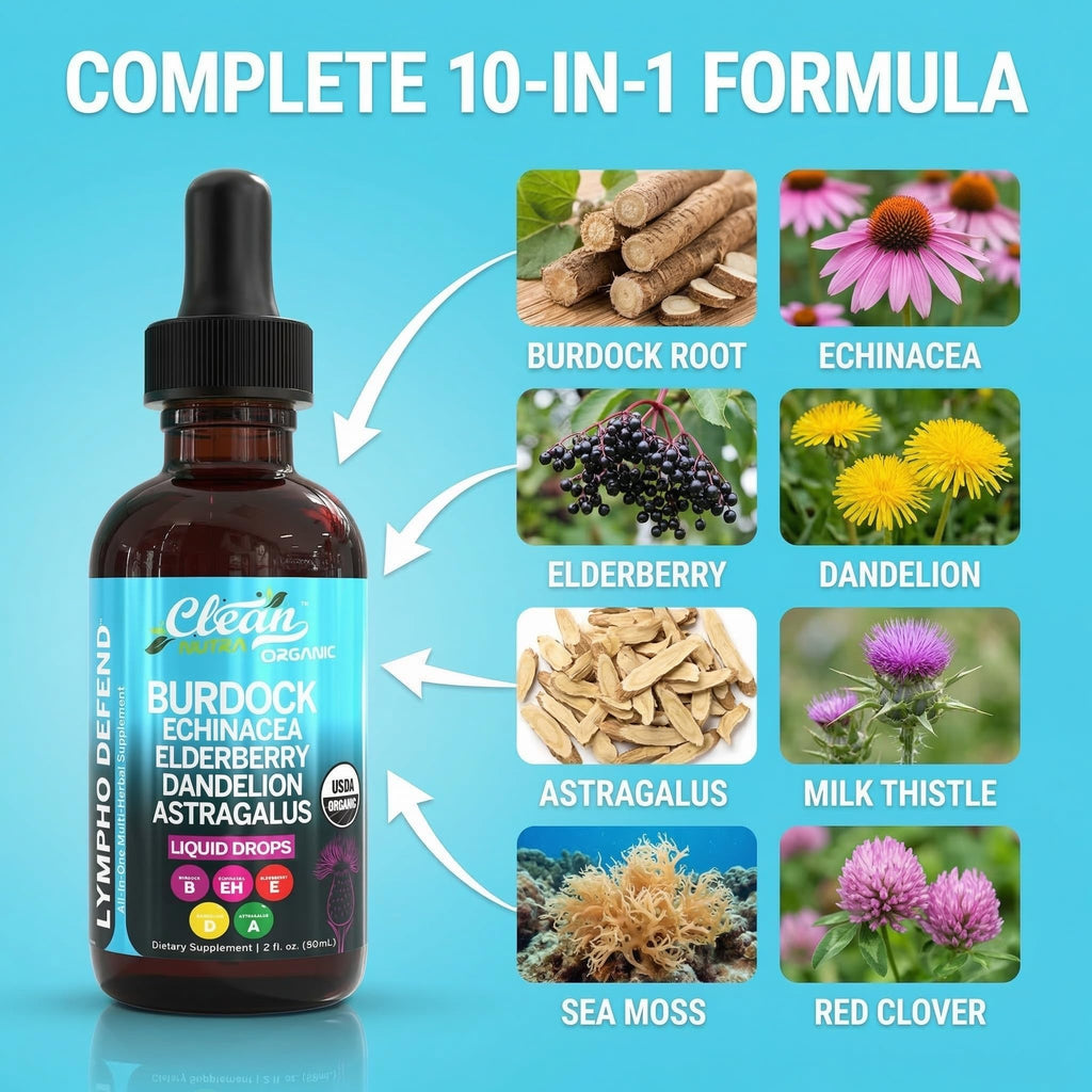 Organic Lymphatic Drainage Supplement | Lymphatic Support Drops | Burdock Root Echinacea Elderberry Dandelion Astragalus Milk Thistle Sea Moss Red Clover Cleanse Marigold Drop By Clean Nutra - FENGGESTORE20