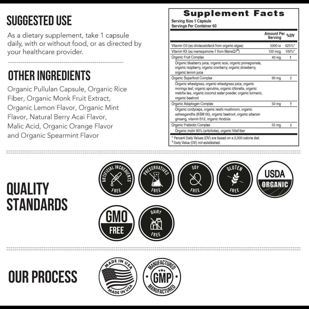 Organic Plant D3 + K2 | 5000 iu D3 + 120 mcg K2 as All-Trans MK7 from MenaQ7® - 100% Whole Food, Raw & Vegan | Enhanced Digestion with Prebiotic - FENGGESTORE20