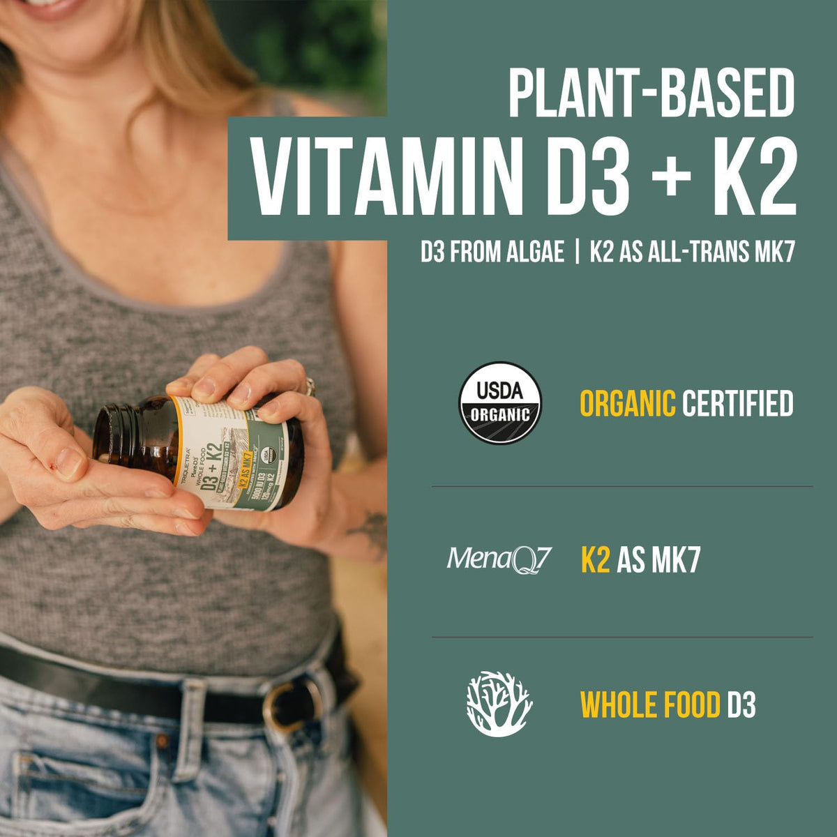 Organic Plant D3 + K2 | 5000 iu D3 + 120 mcg K2 as All-Trans MK7 from MenaQ7® - 100% Whole Food, Raw & Vegan | Enhanced Digestion with Prebiotic - FENGGESTORE20